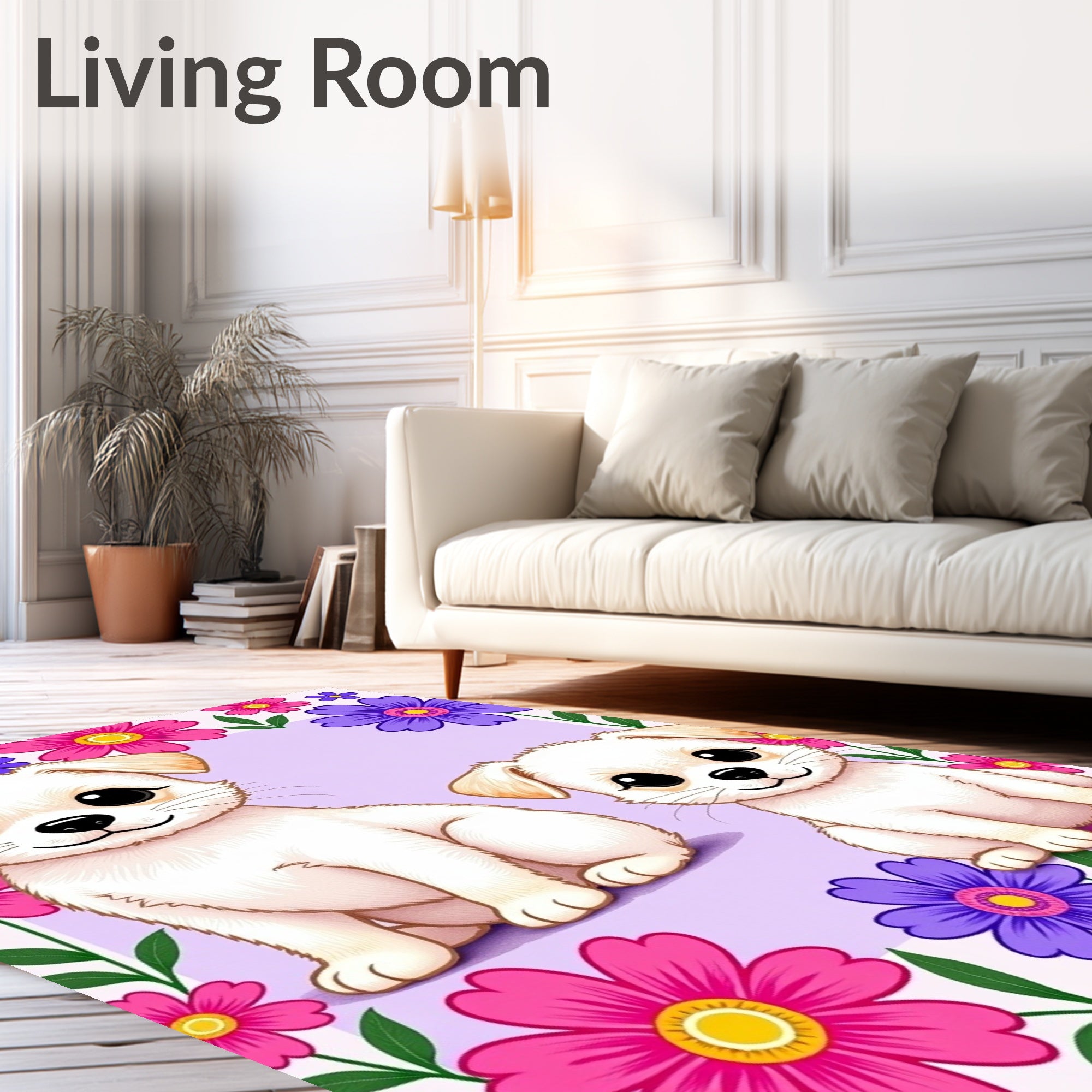 Cute Puppies Pink Purple Floral Border Rug