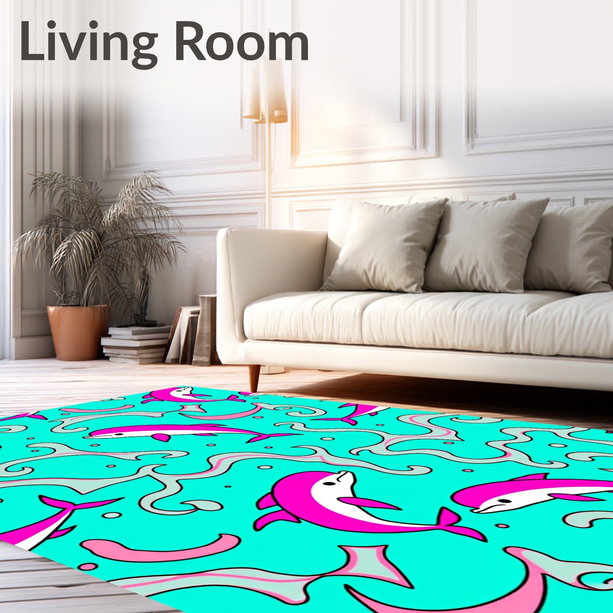 Pink Dolphins Teal Swirls Rug