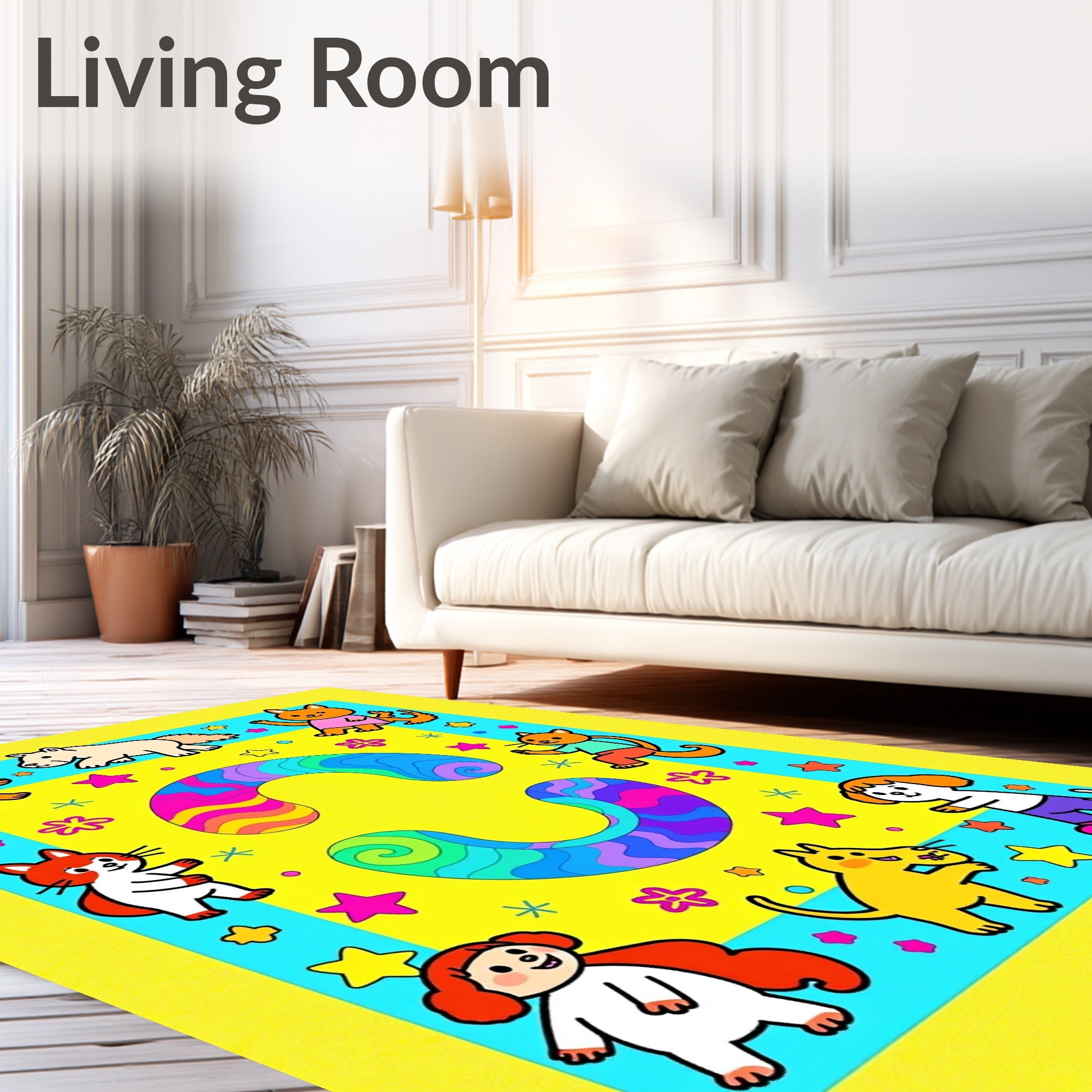 Playful Colorful Animals Stars Whimsical Swirls Rug