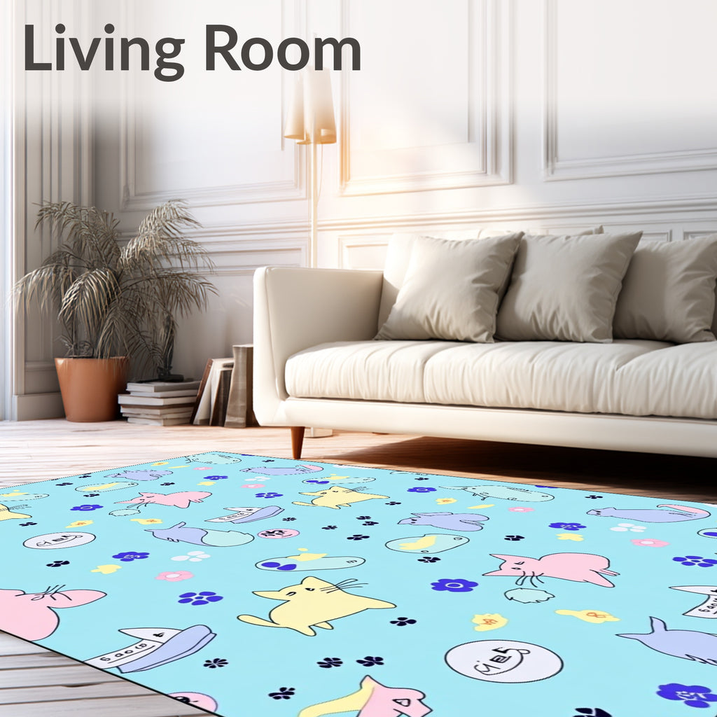 Playful Pastel Cats and Flowers Rug