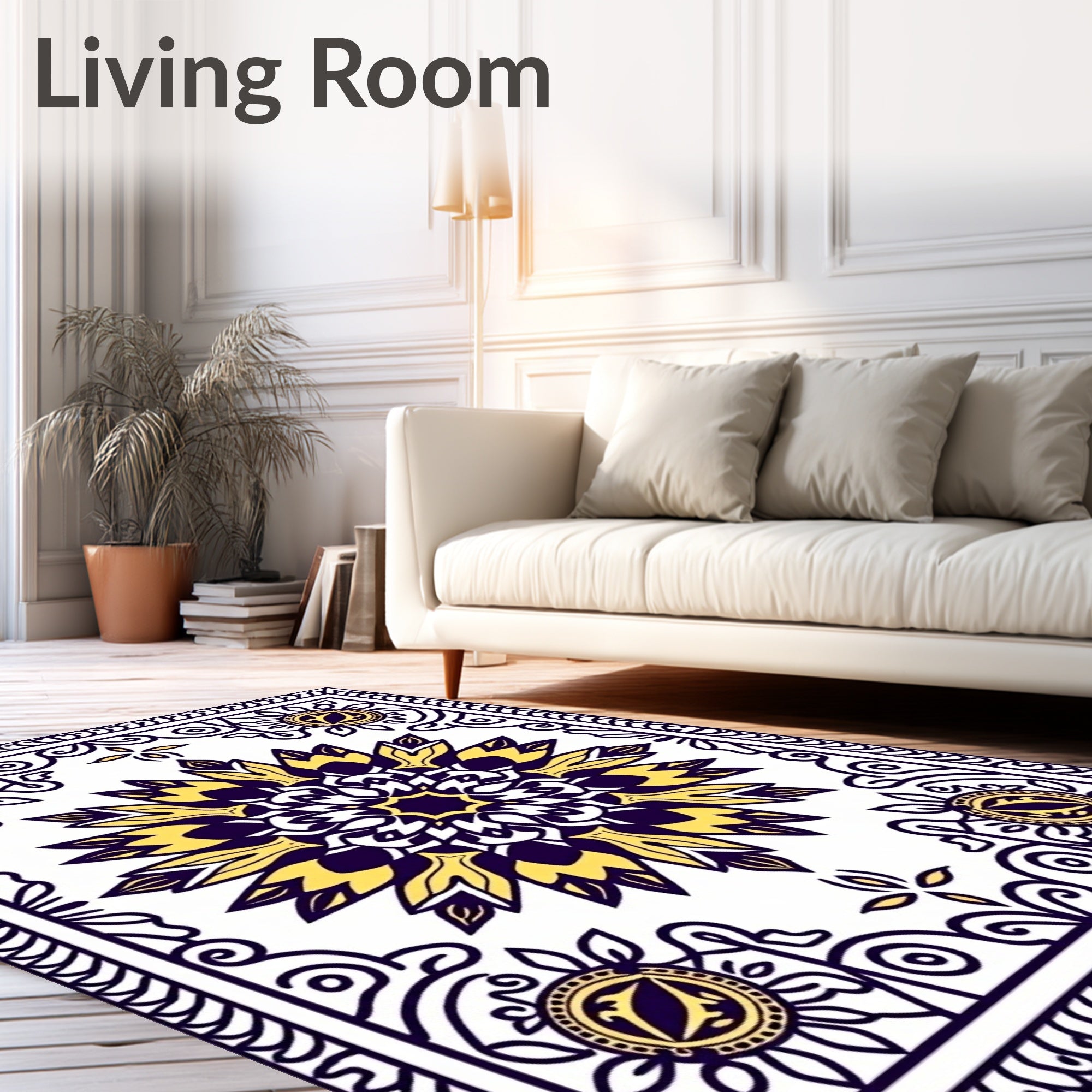 Deep Indigo Yellow Sunburst Mandala Rug