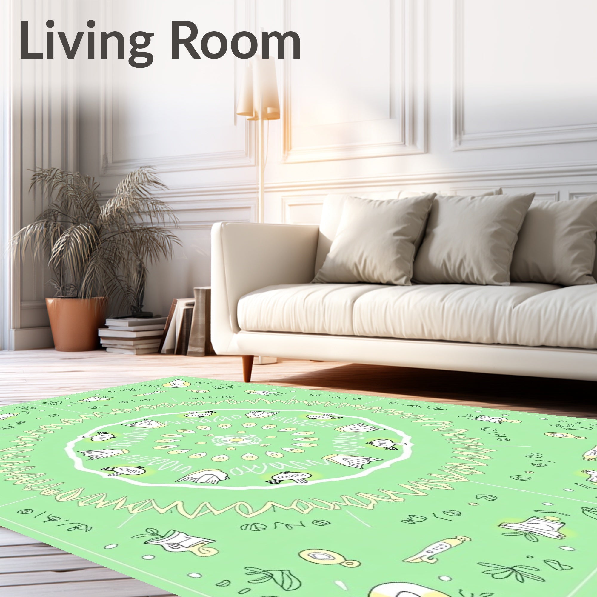 Pastel Green Whimsical Bird Mandala Rug
