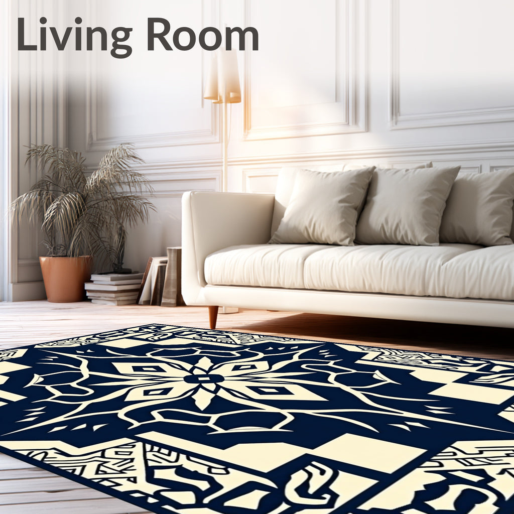 Navy Cream Abstract Geometric Flora Rug