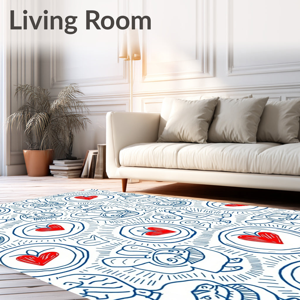 Whimsical Blue Heart Bunny Collage Rug