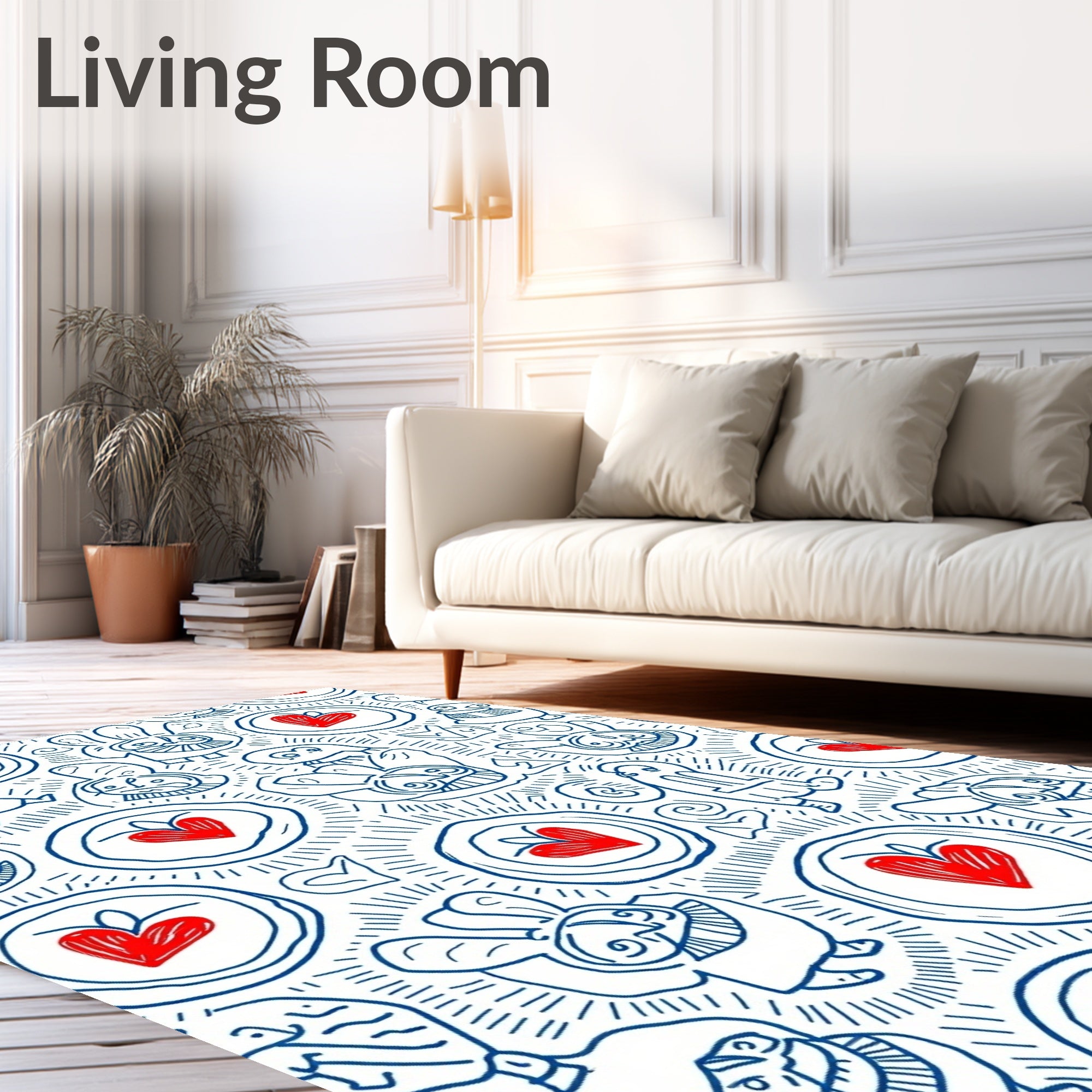 Whimsical Blue Heart Bunny Collage Rug