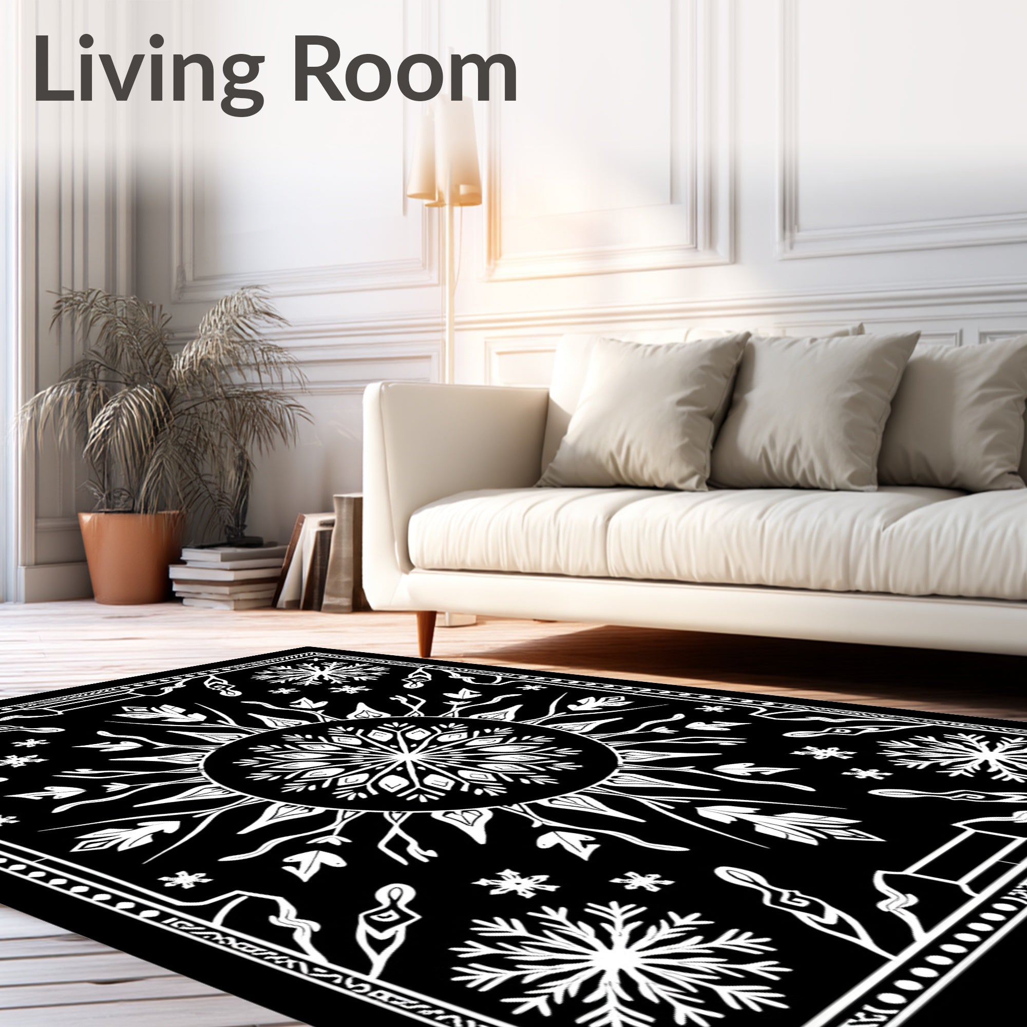 Black White Geometric Sun Snowflake Rug