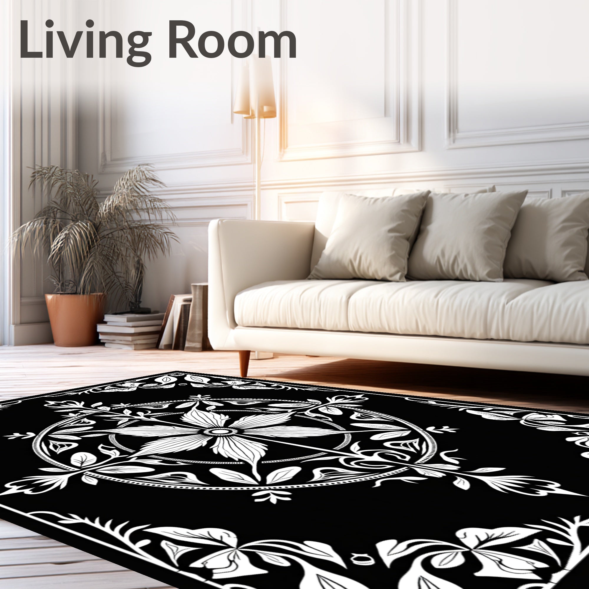 Black White Floral Medallion Art Rug