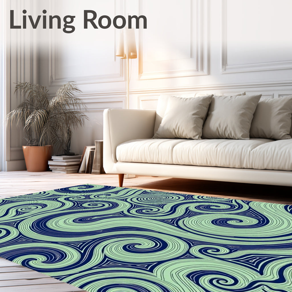 Navy Swirling Lines Mint Green Rug