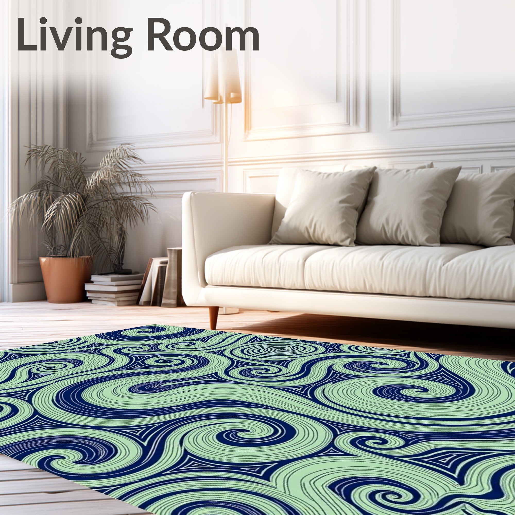 Navy Swirling Lines Mint Green Rug