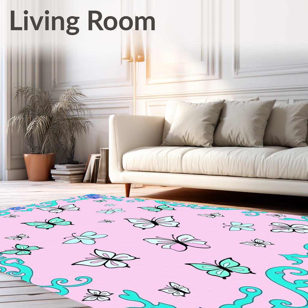 Pink Butterflies Turquoise Blue Swirls Rug