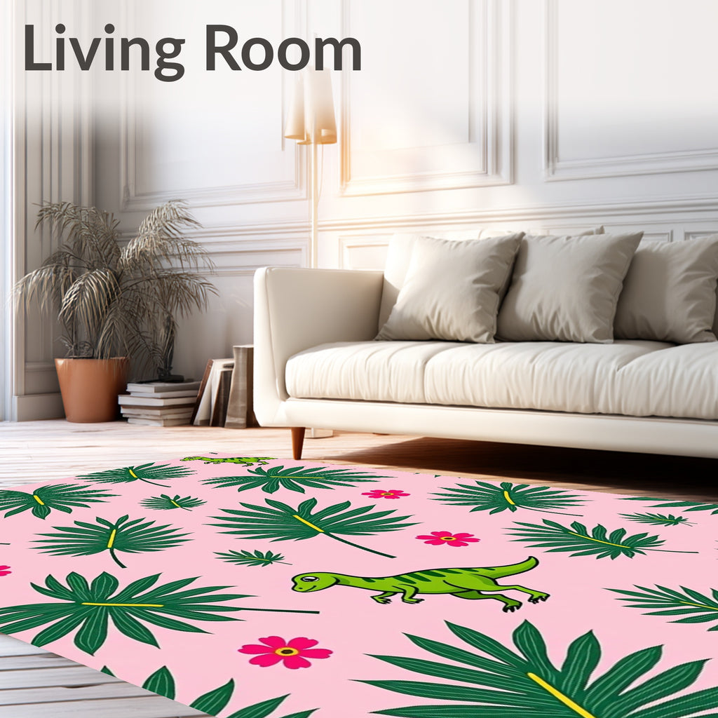 Green Dinosaurs and Tropical Leaves Rug