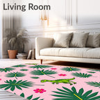 Green Dinosaurs and Tropical Leaves Rug