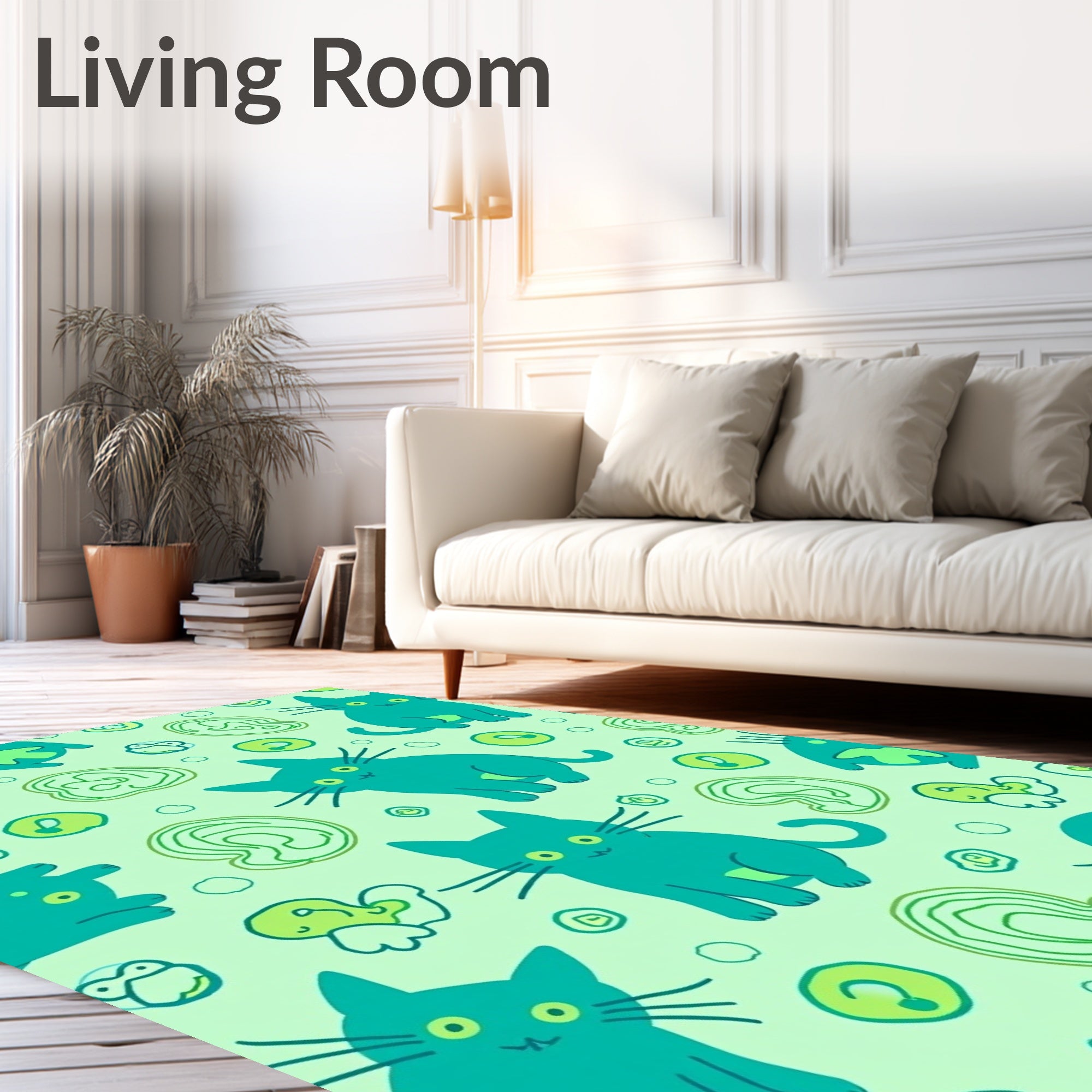Teal Whimsical Cat Swirls Rug