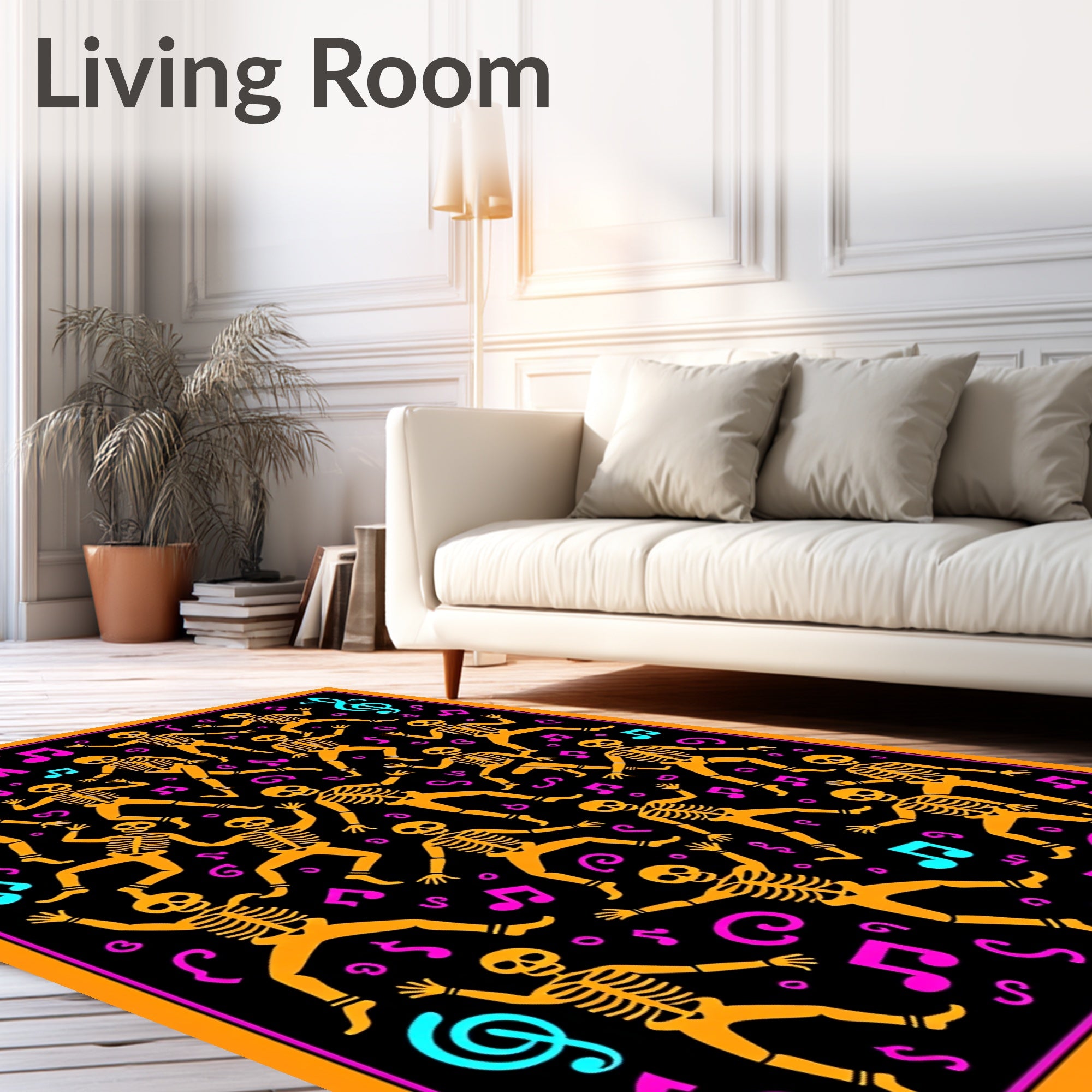 Dancing Skeletons Orange Musical Notes Rug