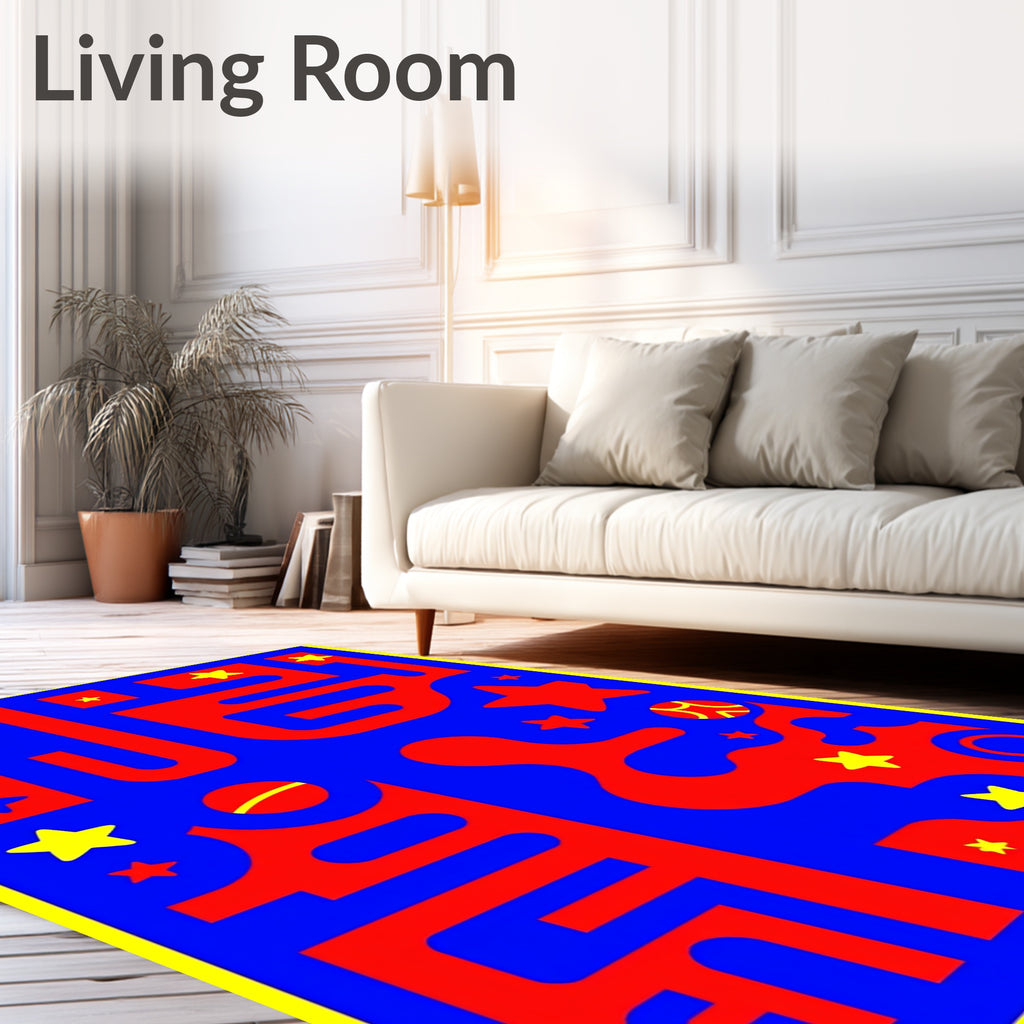 Bold Red Blue Yellow Cosmic Stars Rug