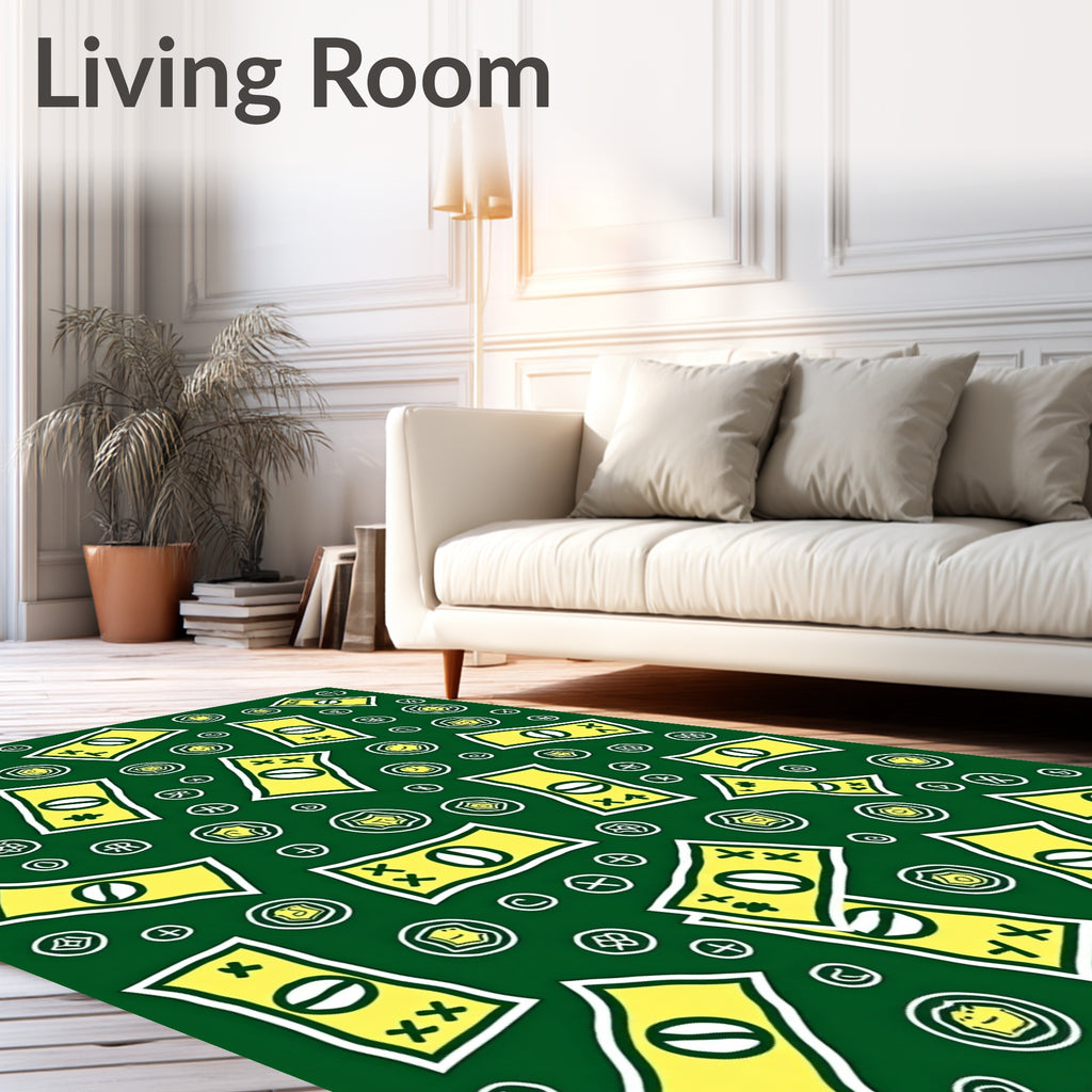 Yellow Dollar Bills Scattered Green Background Rug