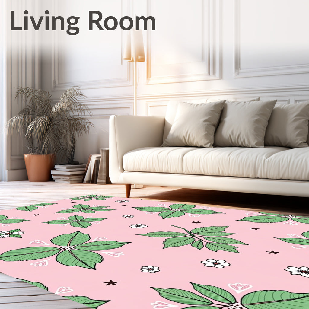 Peachy Pink Green Leaf Blossom Stars Rug