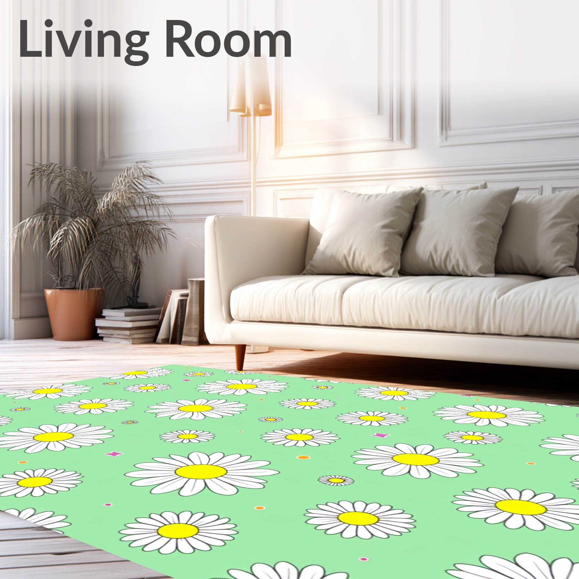 White Daisy Garden Mint Background Rug