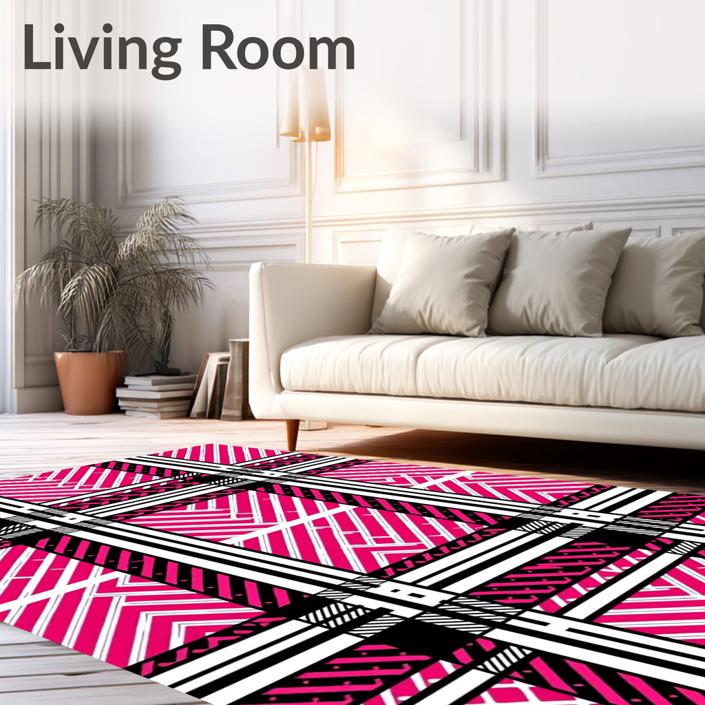 Bold Pink White Black Plaid Lines Rug