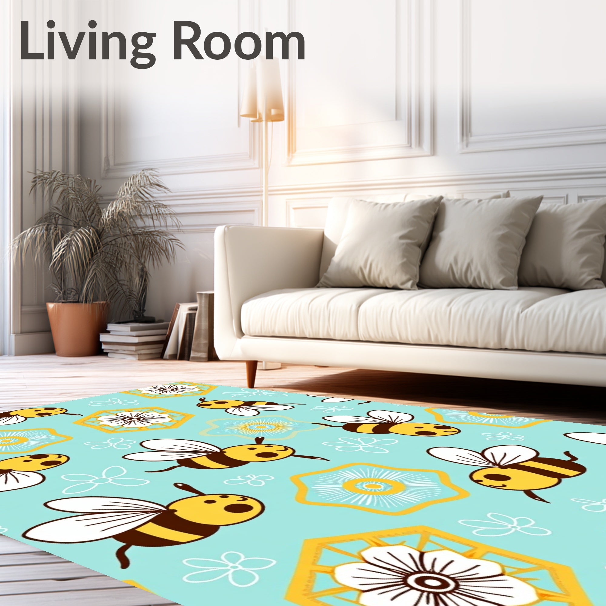 Buzzy Yellow Bees with Blue Flowers Rug