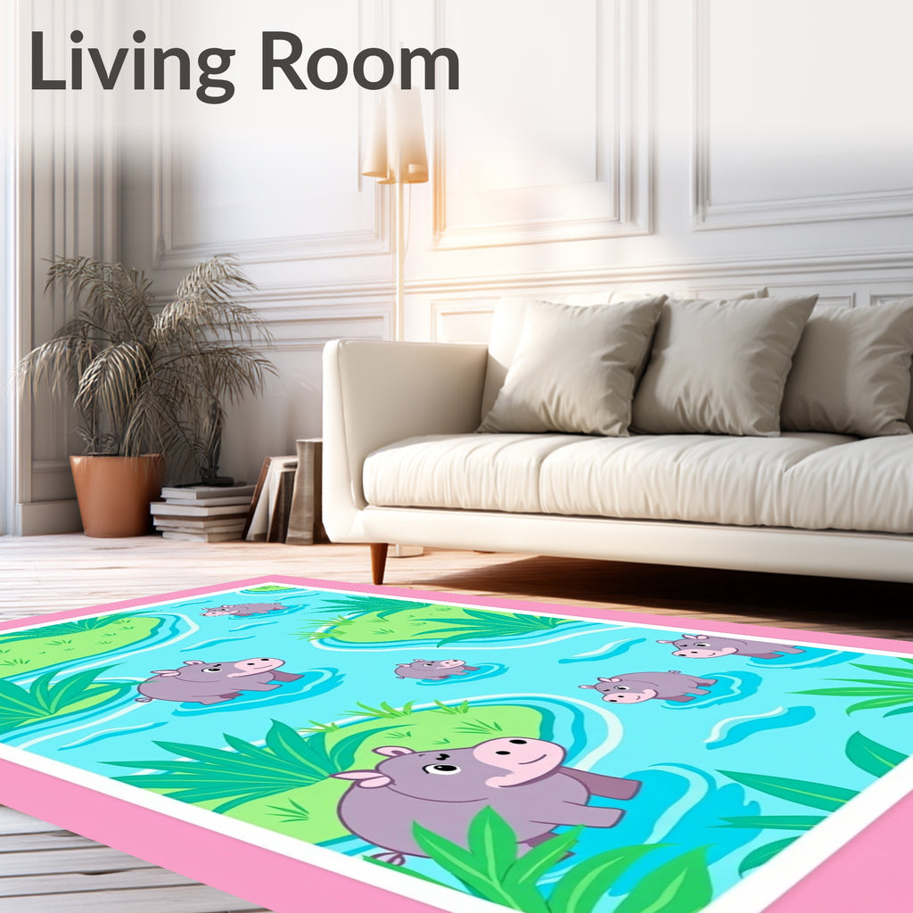 Playful Lilac Hippos River Scene Rug