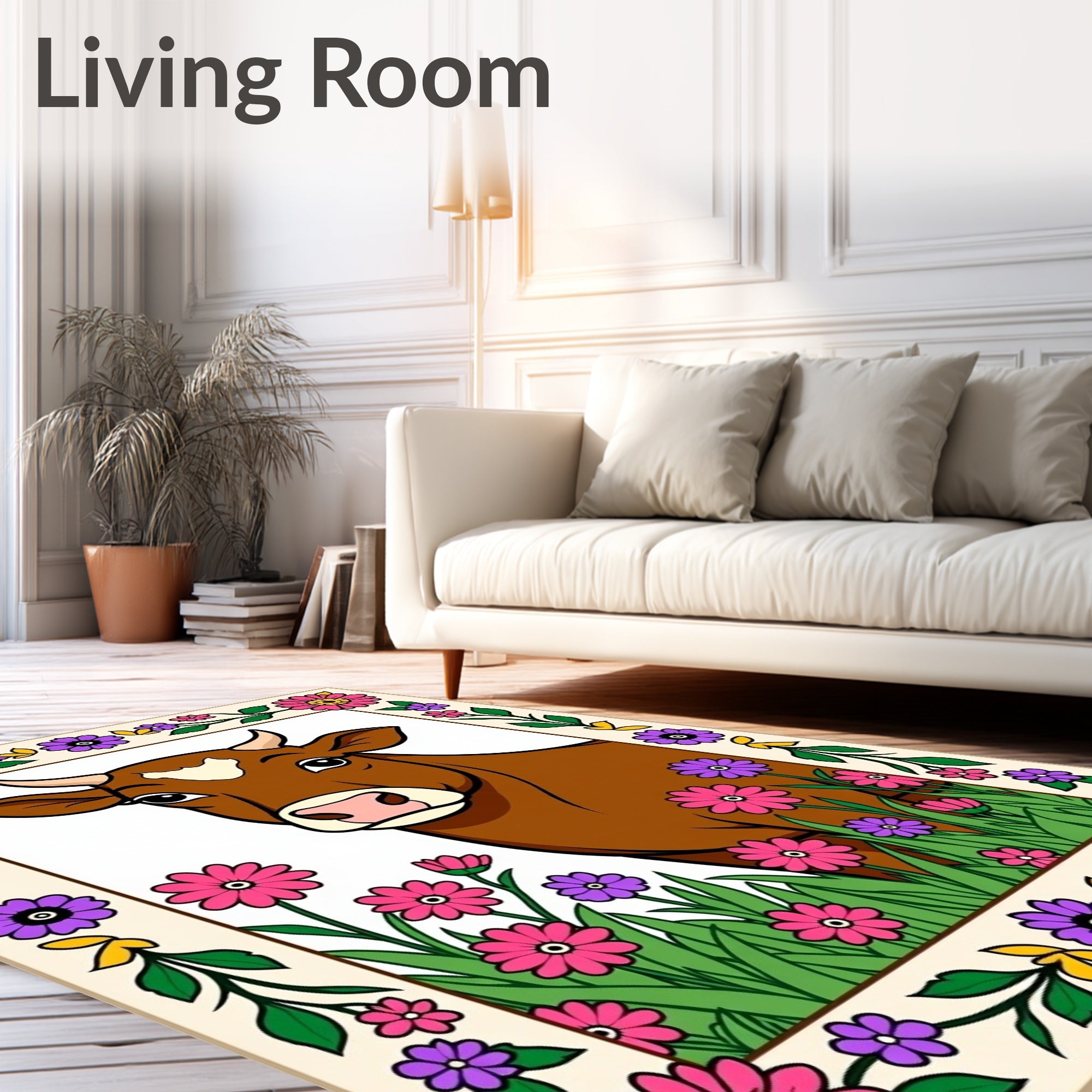 Farmhouse Brown Cow Floral Garden Rug