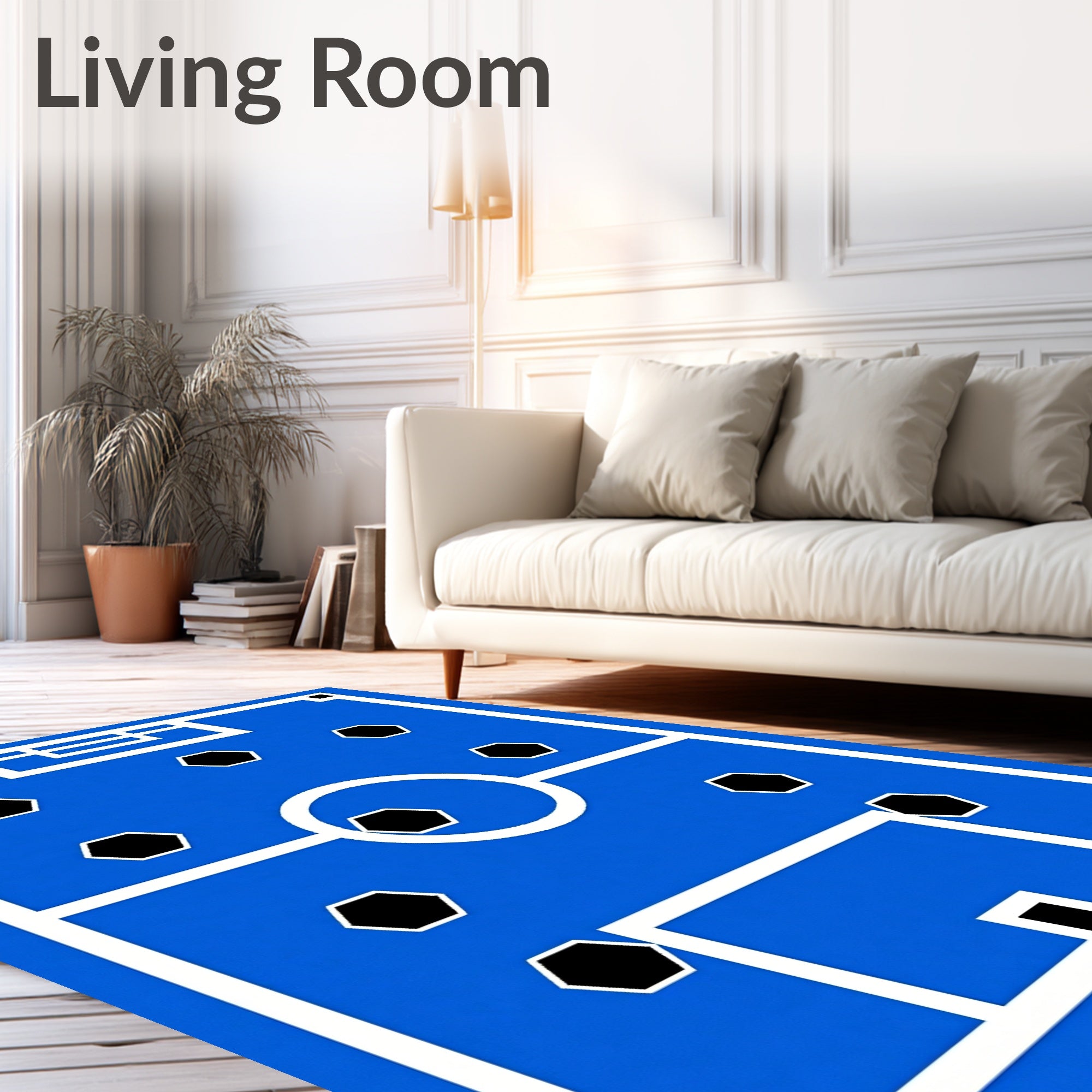 Blue White Hexagon Soccer Field Rug