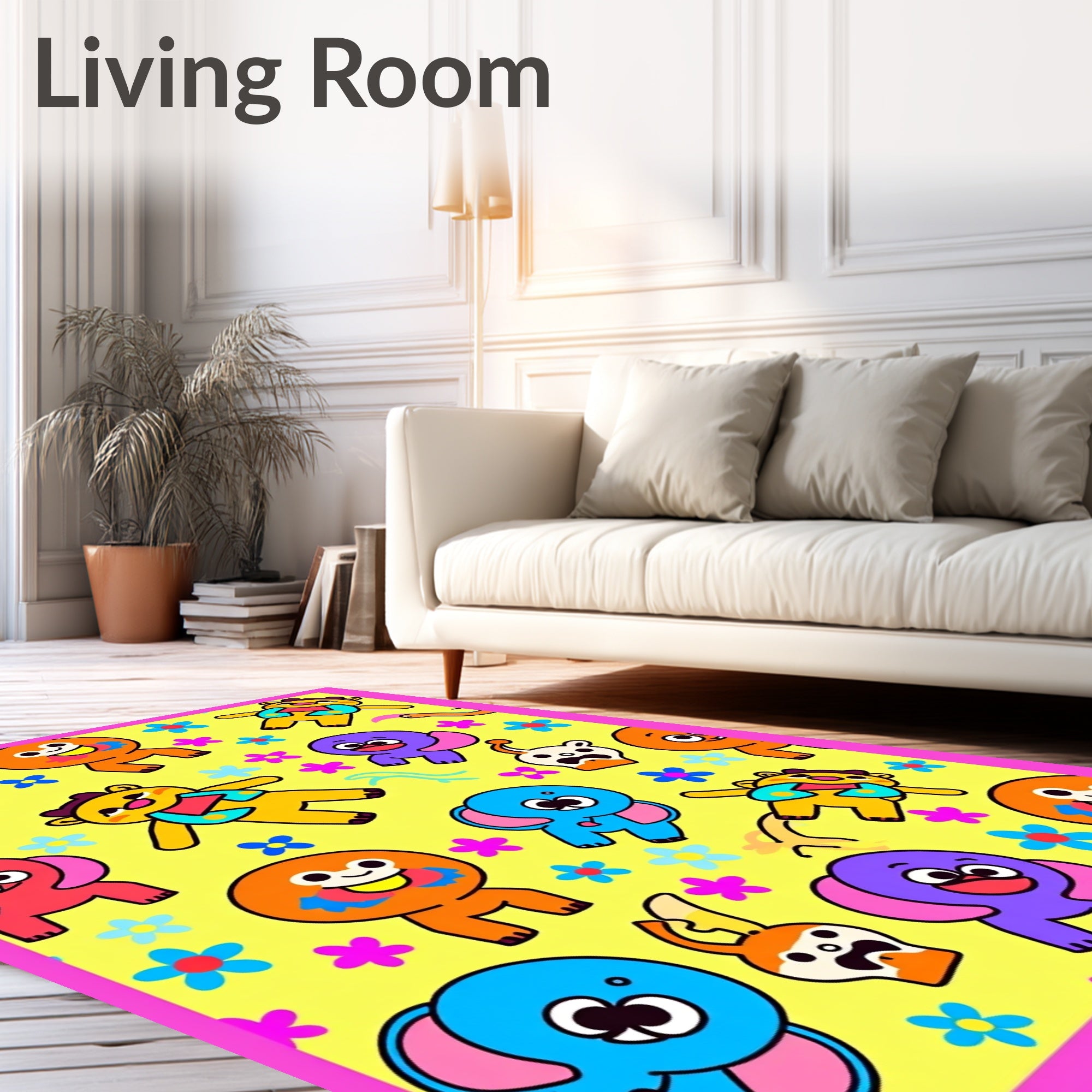 Whimsical Yellow Cute Character Floral Rug