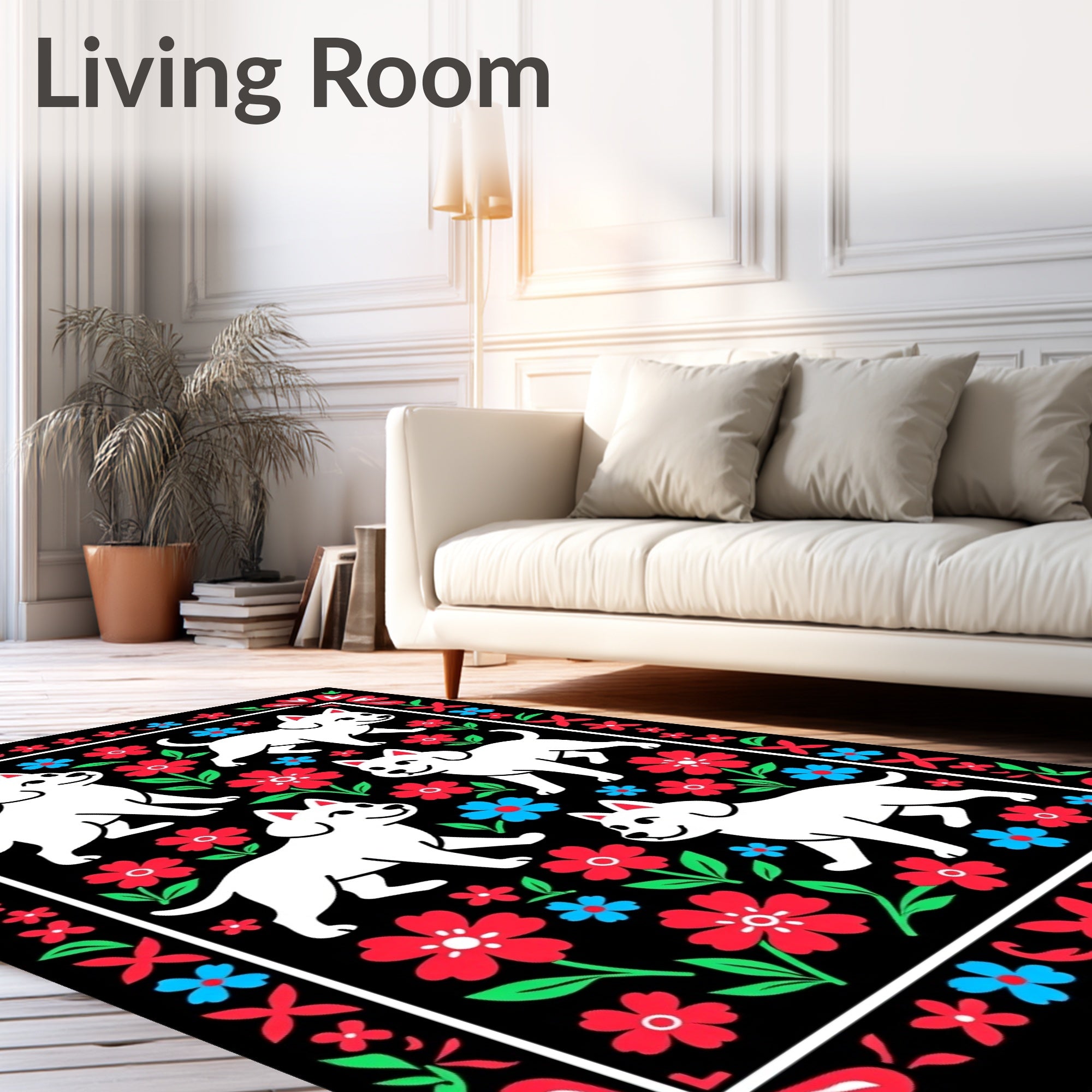 Happy White Dogs Red Blue Flowers Rug