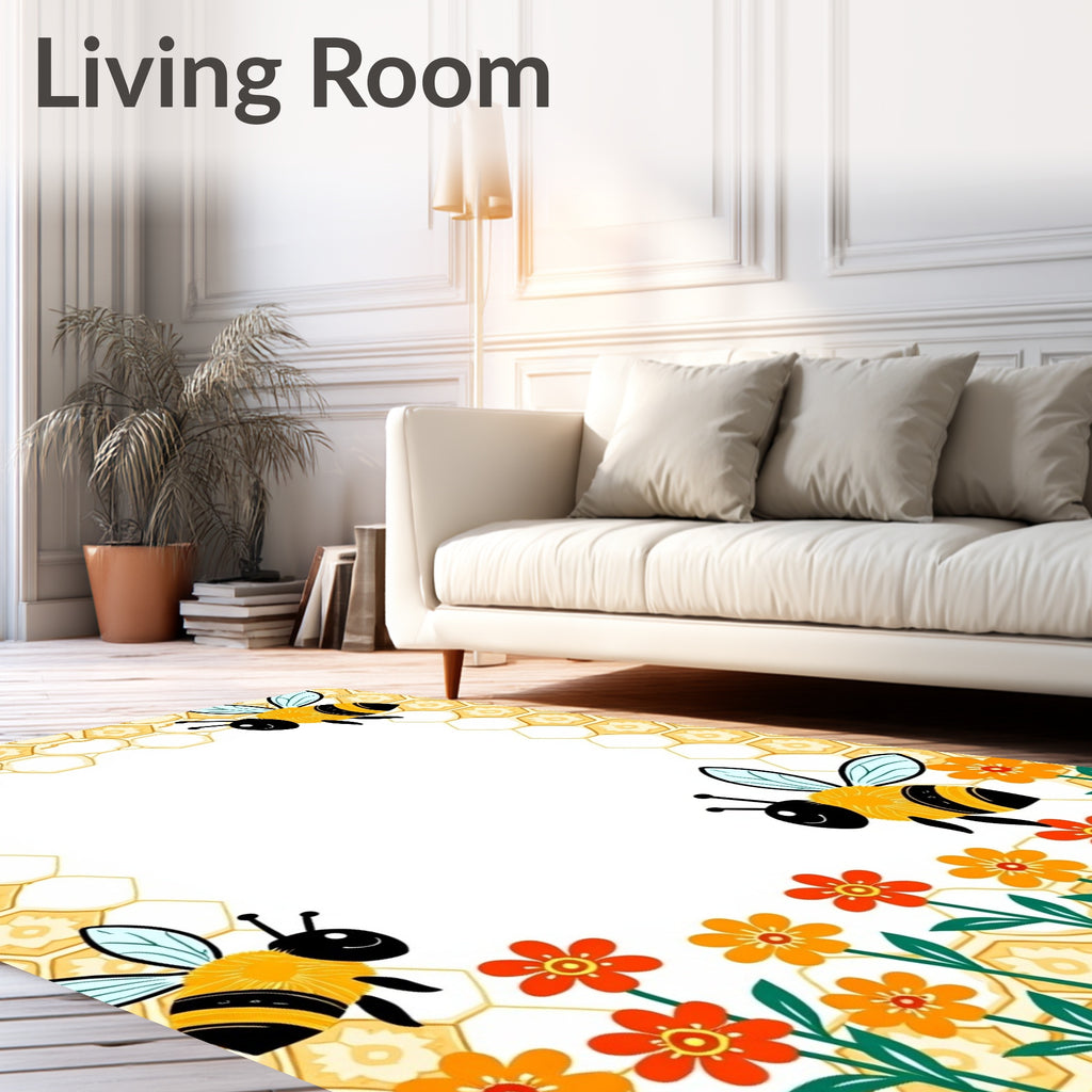 Whimsical Yellow Bee and Flower Garden Rug