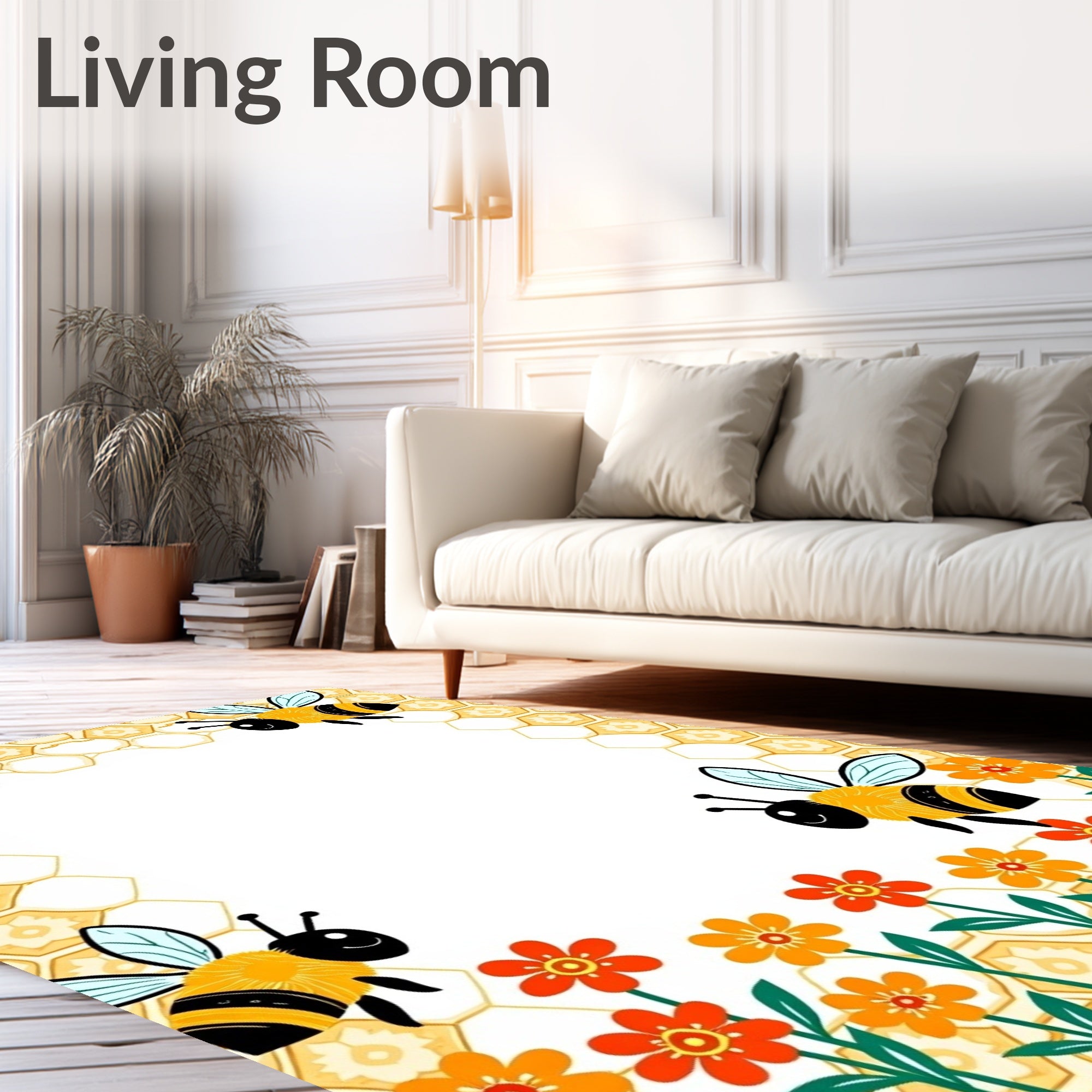 Whimsical Yellow Bee and Flower Garden Rug