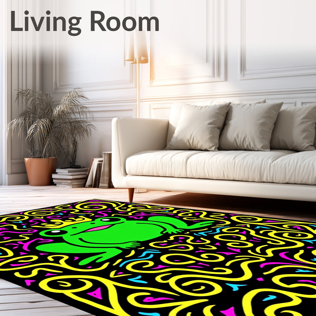 Green Frog King Crown Yellow Swirls Rug