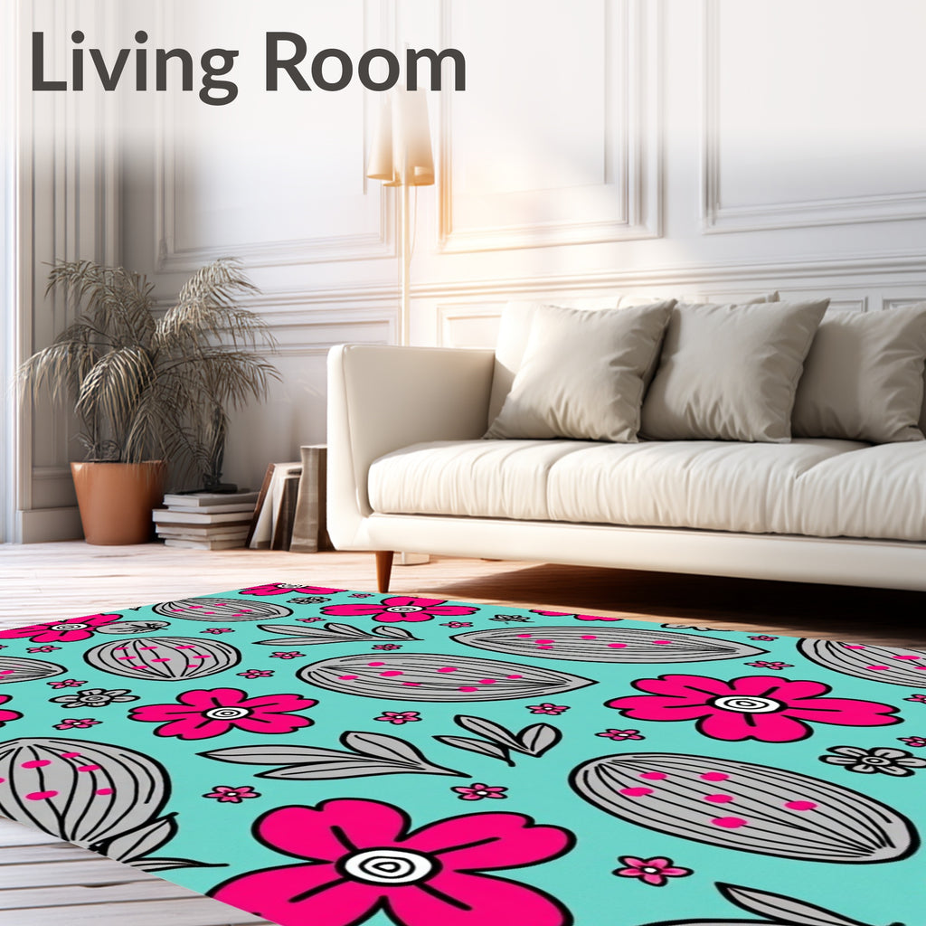 Pink Floral Almond Teal Garden Rug