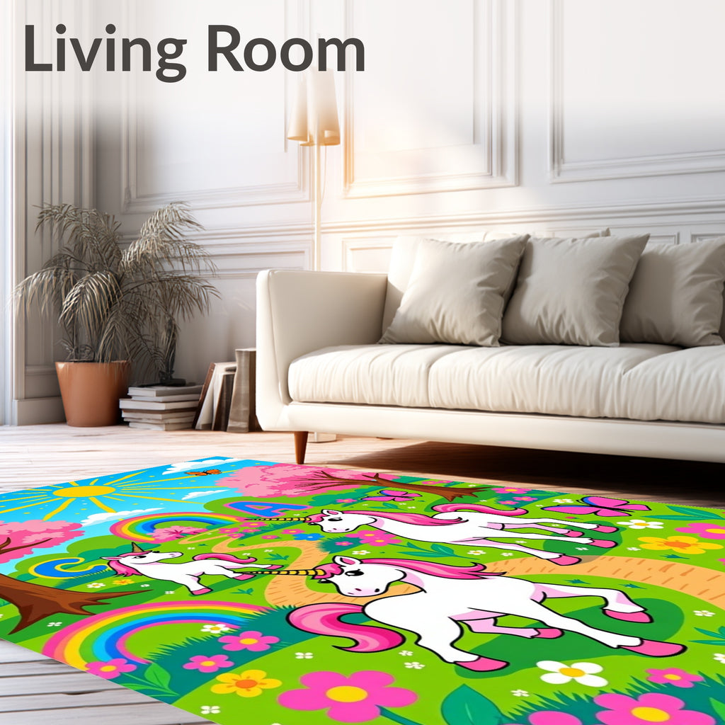 Pink Unicorns And Rainbows Garden Scene Rug