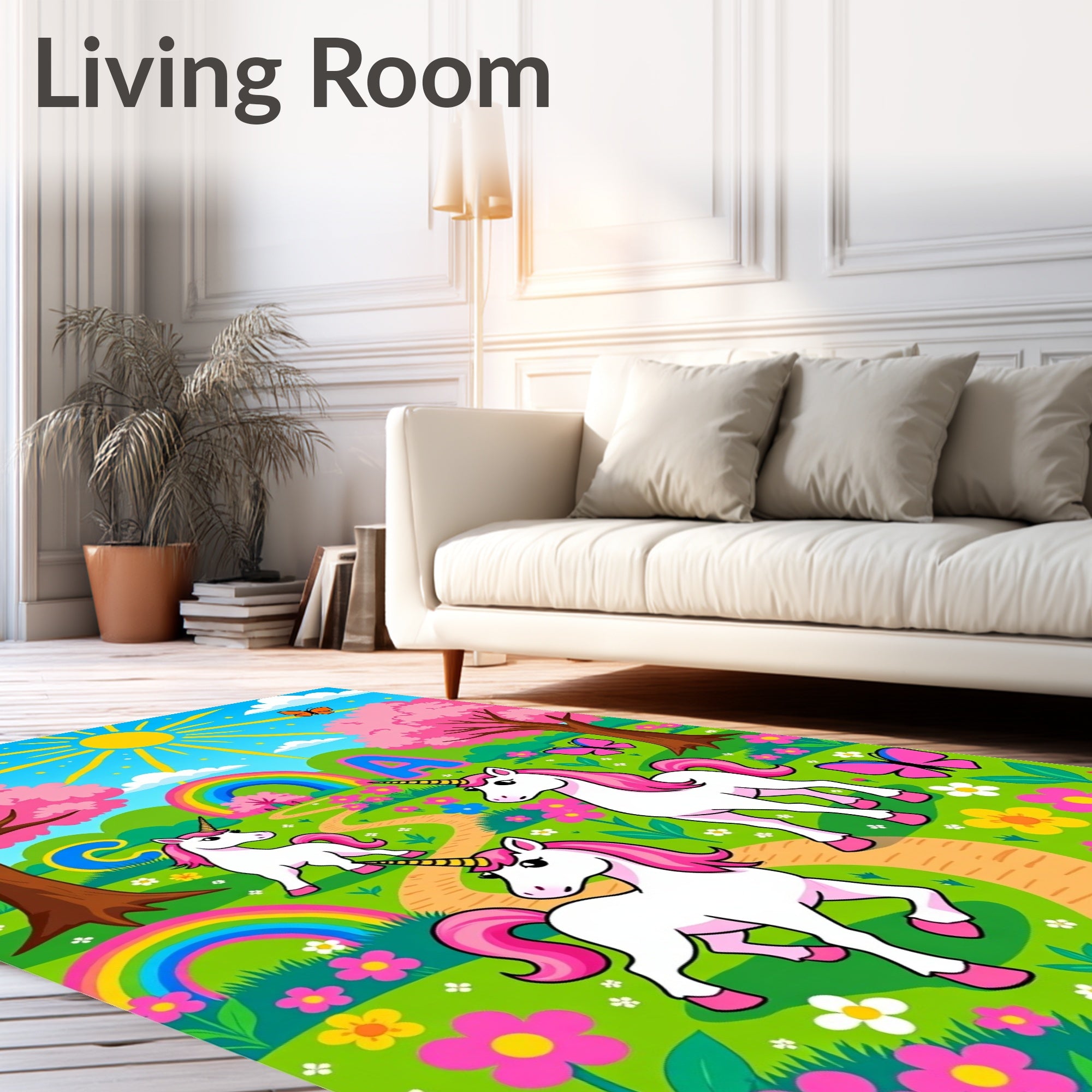 Pink Unicorns And Rainbows Garden Scene Rug