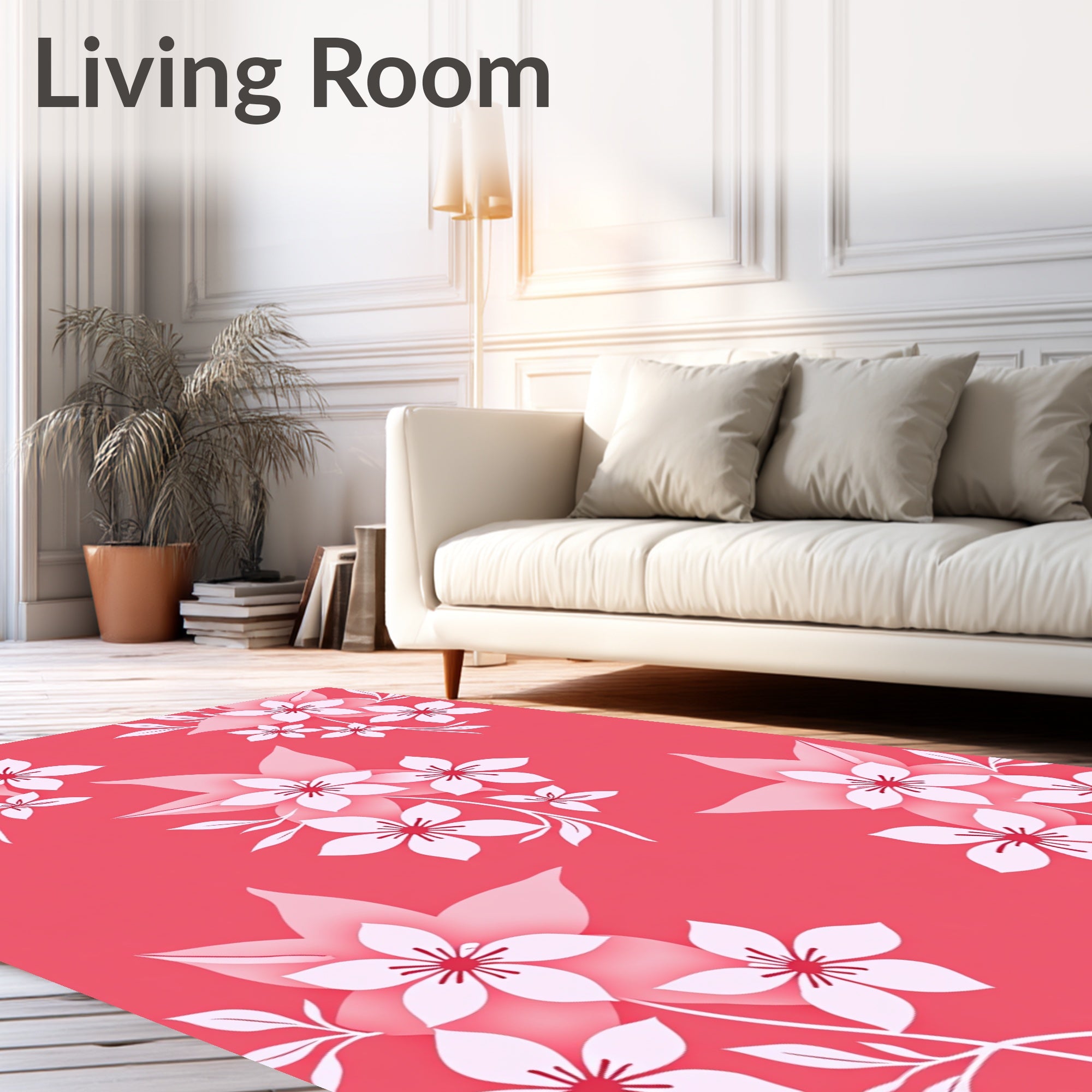 Coral Pink White Floral Garden Rug