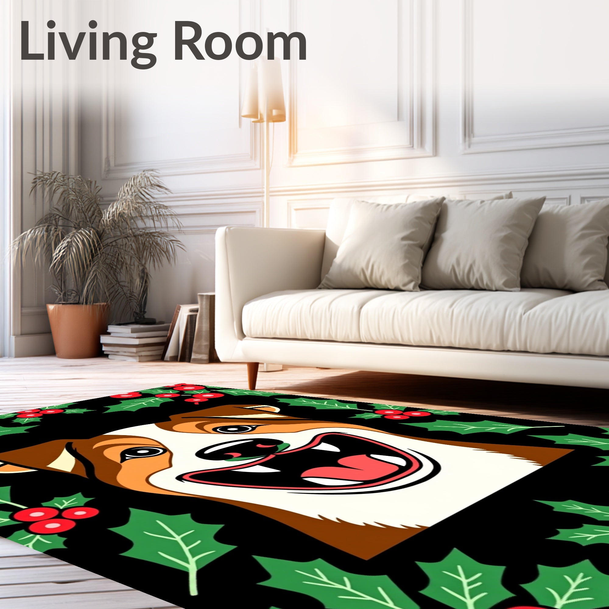 Happy Holiday Dog With Holly Border Rug