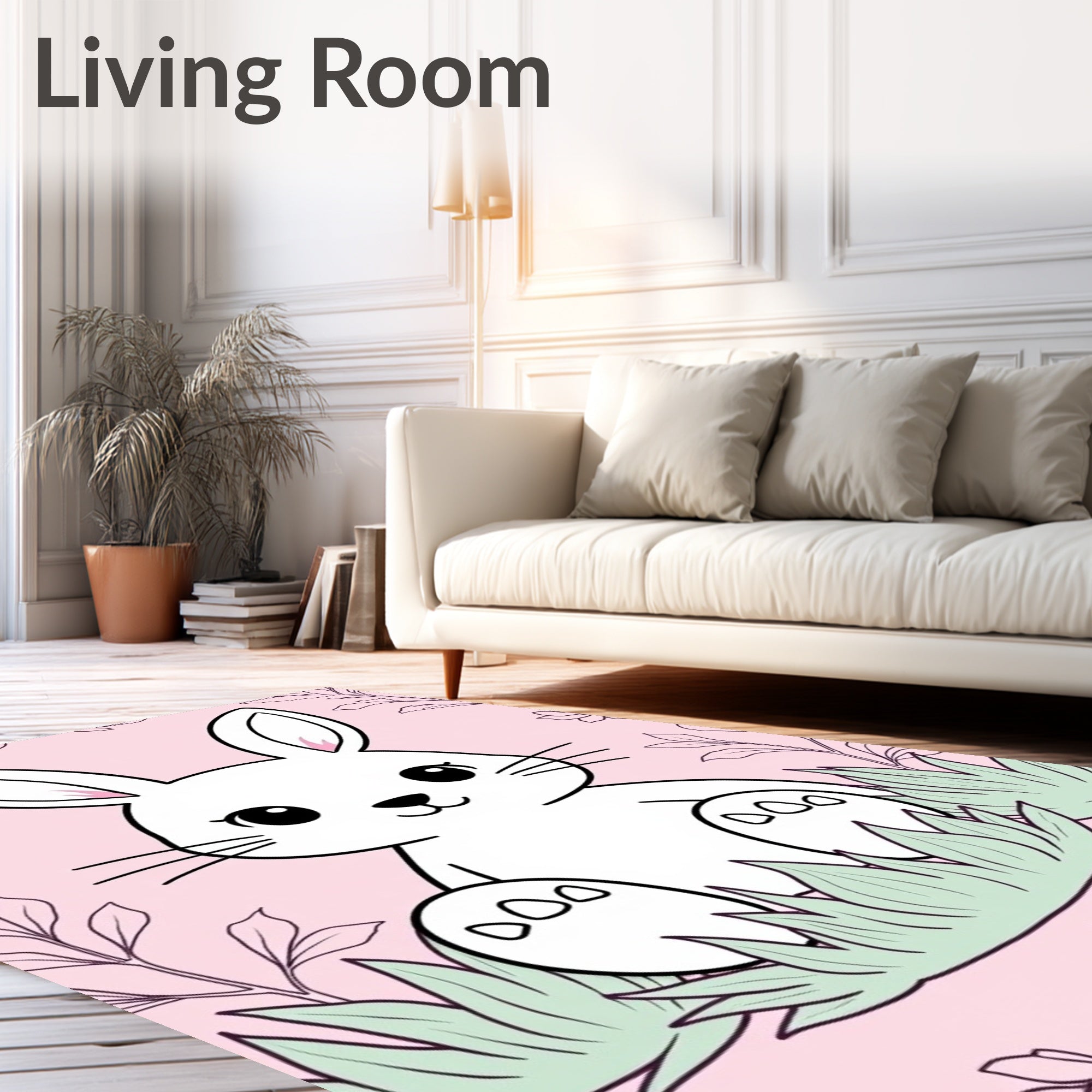 Cute White Bunny In Pink Garden Rug
