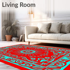 Crimson Blue Sunburst Ornate Rug
