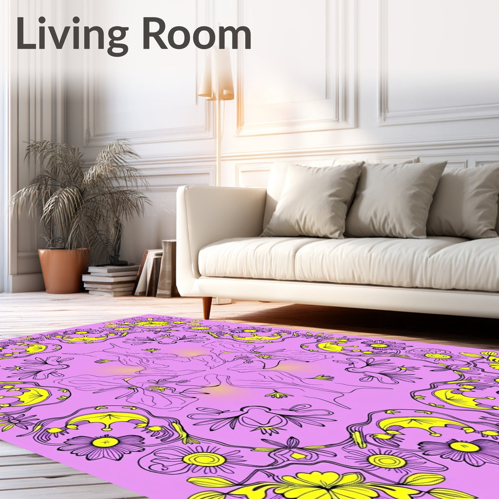 Lavender Yellow Floral Outline Medallion Rug