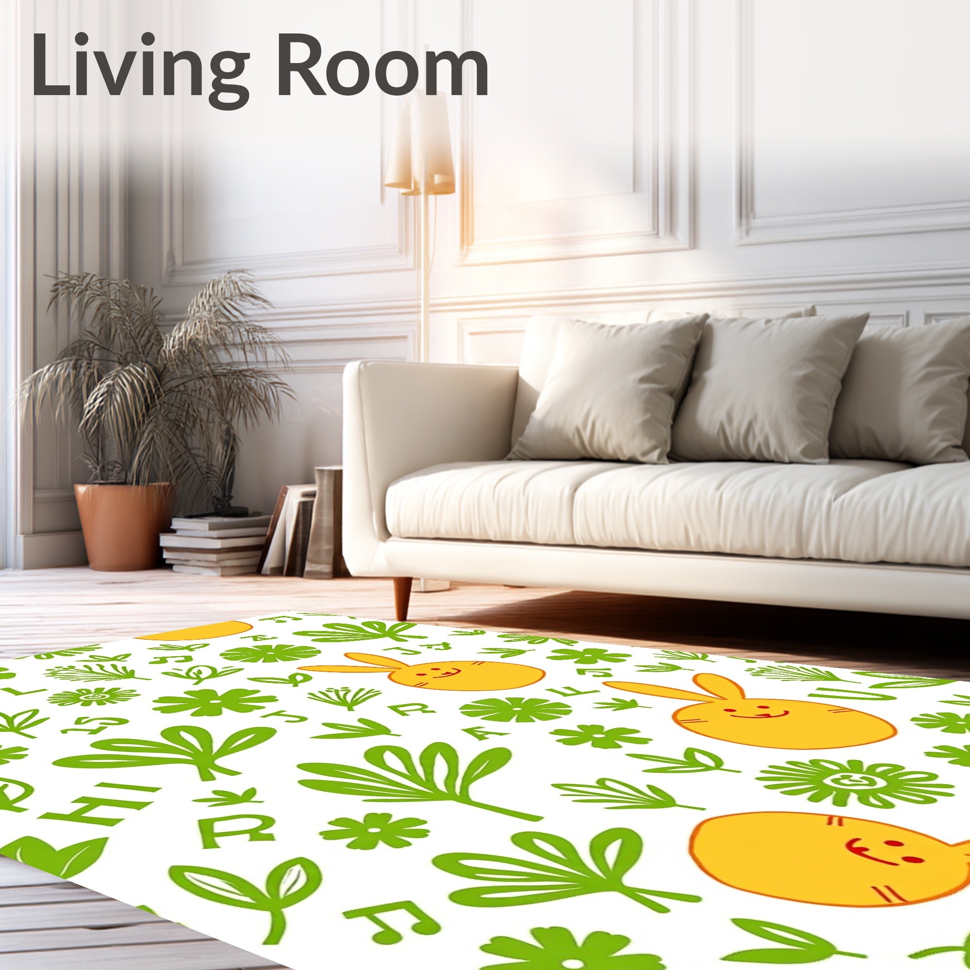 Playful Yellow Bunny Greenery Alphabet Rug
