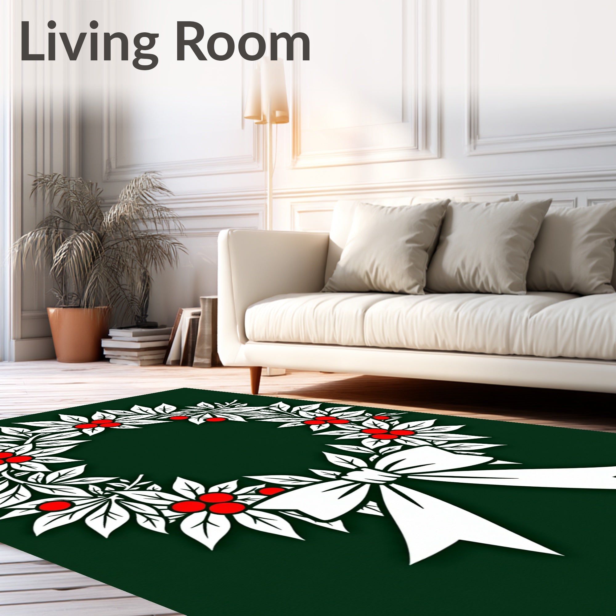 Festive Green Holly Berry Wreath Bow Rug