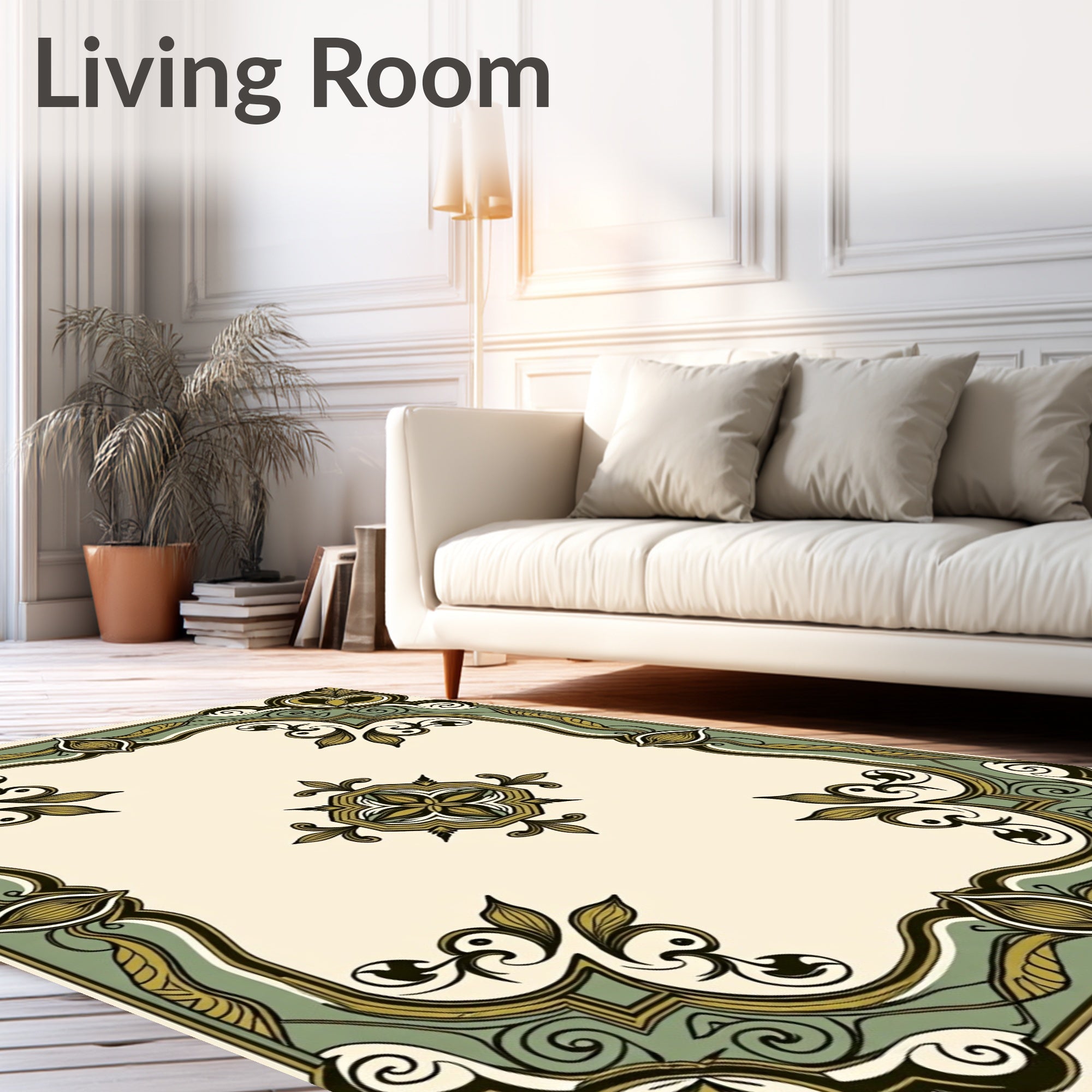 Elaborate Gold Green Floral Frame Rug