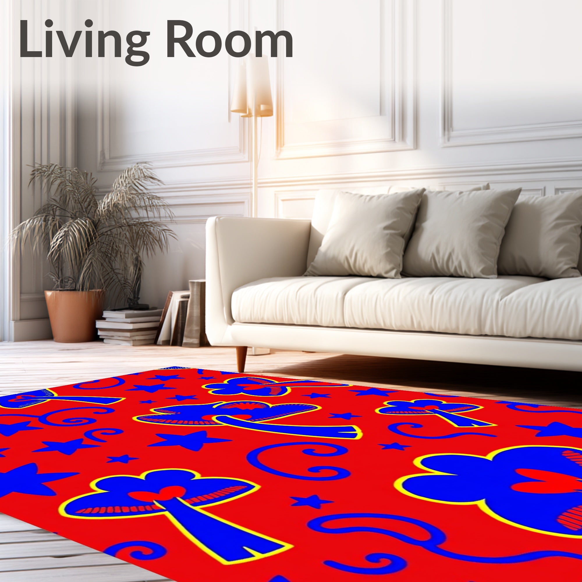 Whimsical Blue Mushroom Stars Red Rug