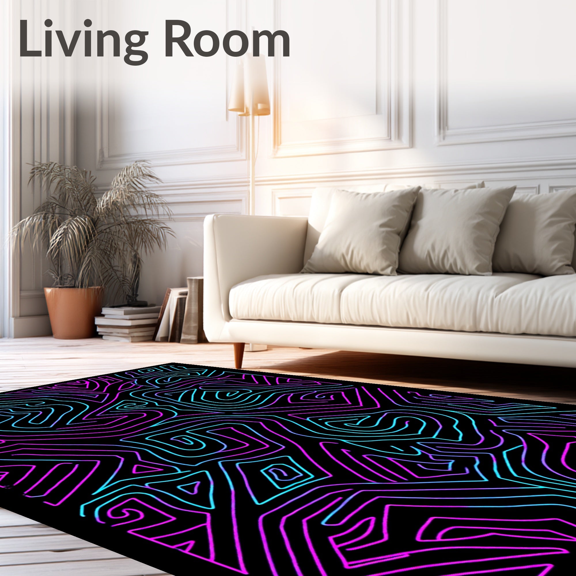 Neon Abstract Lines Black Rug