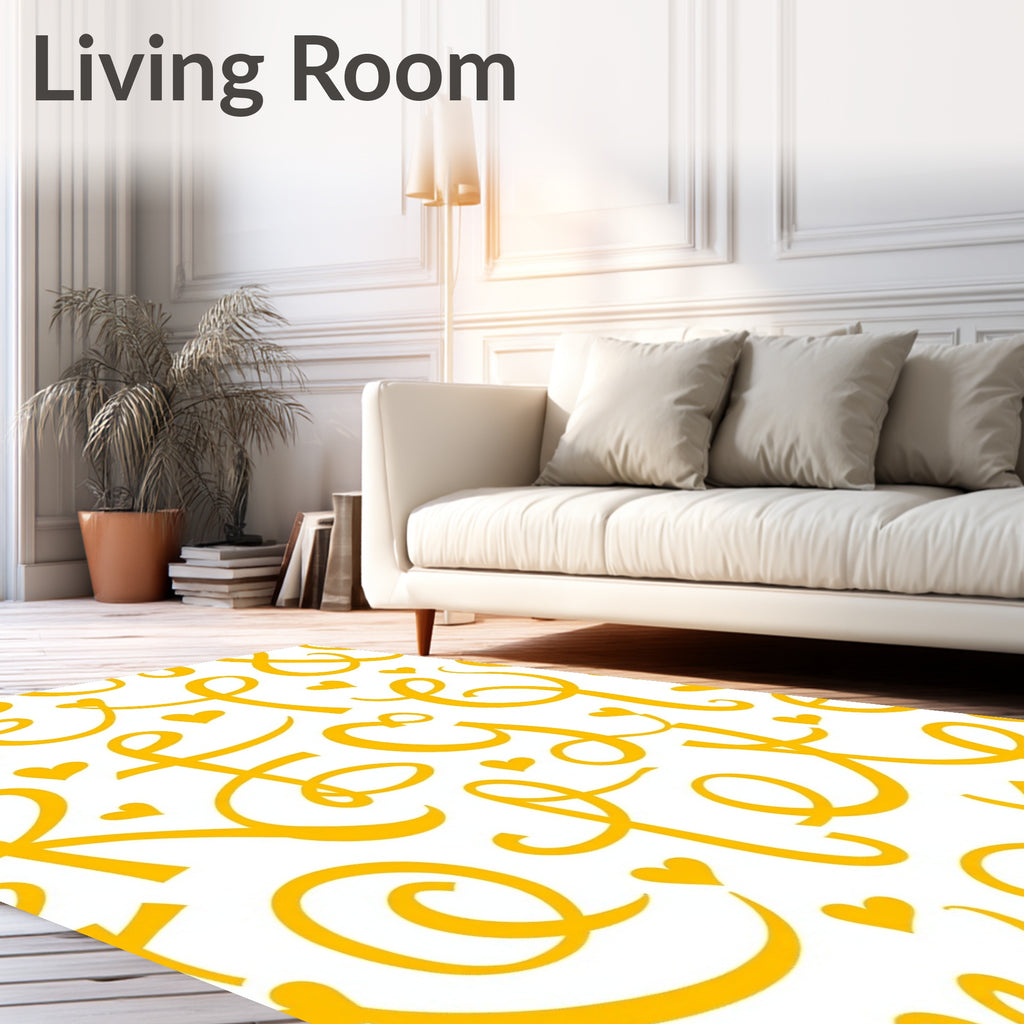 Yellow Script Hearts Whimsical Alphabet Rug