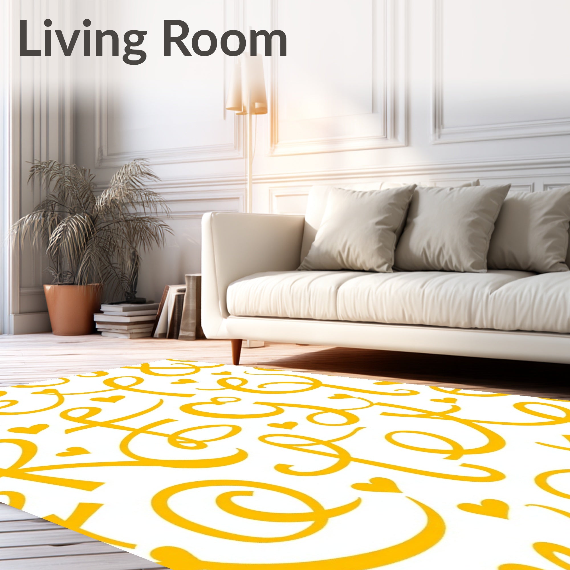 Yellow Script Hearts Whimsical Alphabet Rug