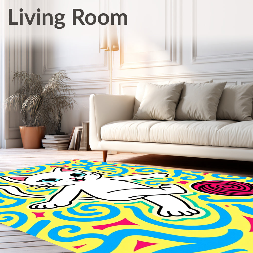 Whimsical White Cat Playful Swirls Rug