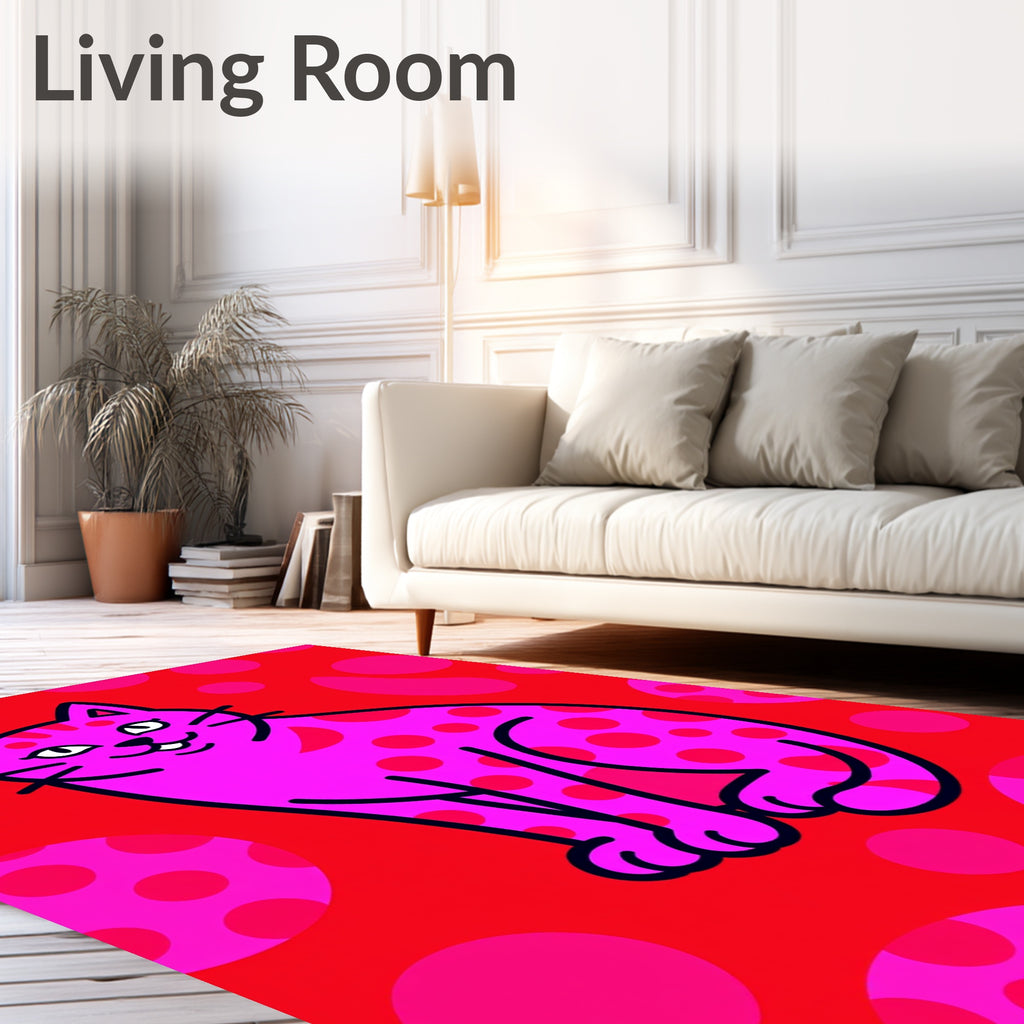 Pink Polka Dot Cat Red Background Rug