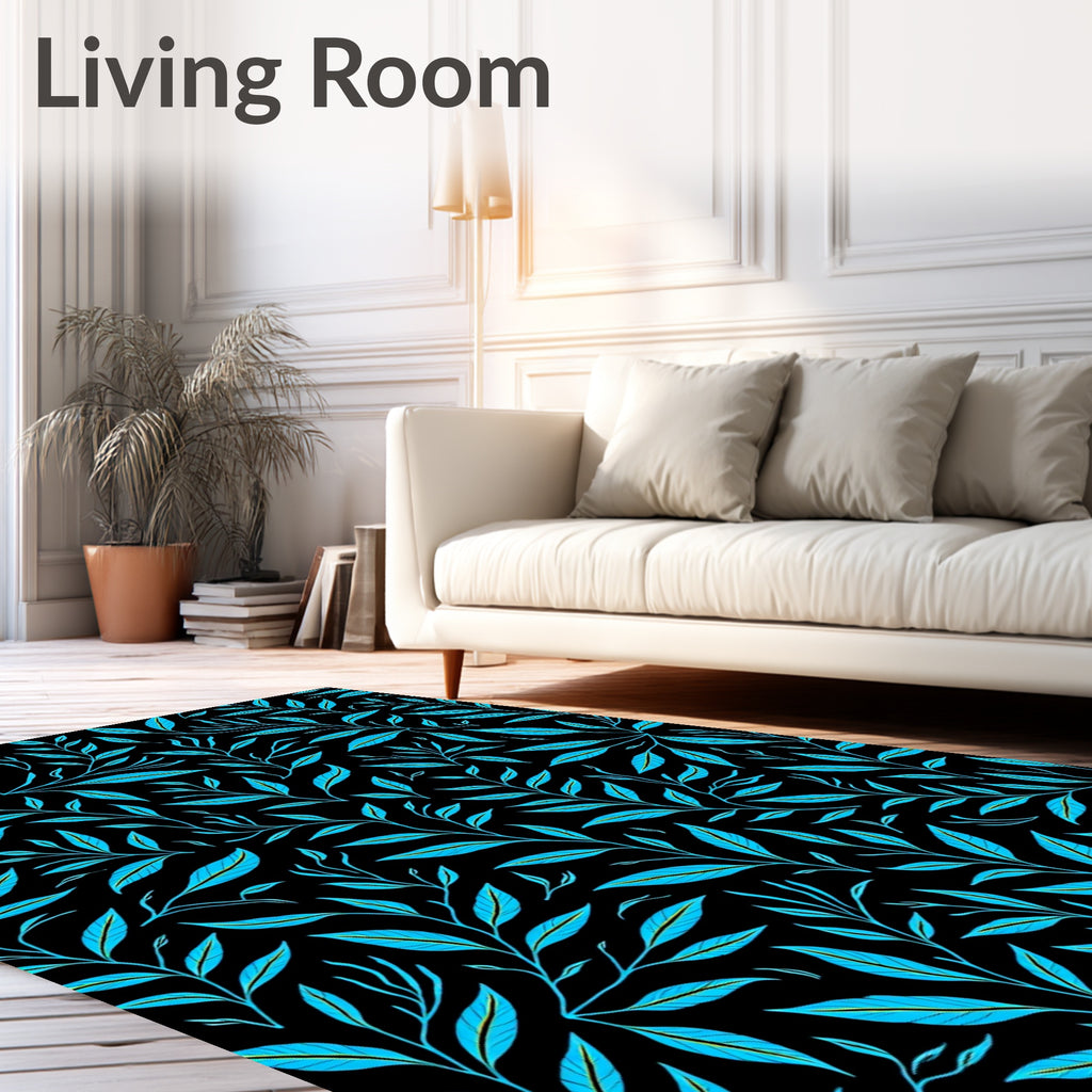 Bright Teal Foliage on Black Background Rug